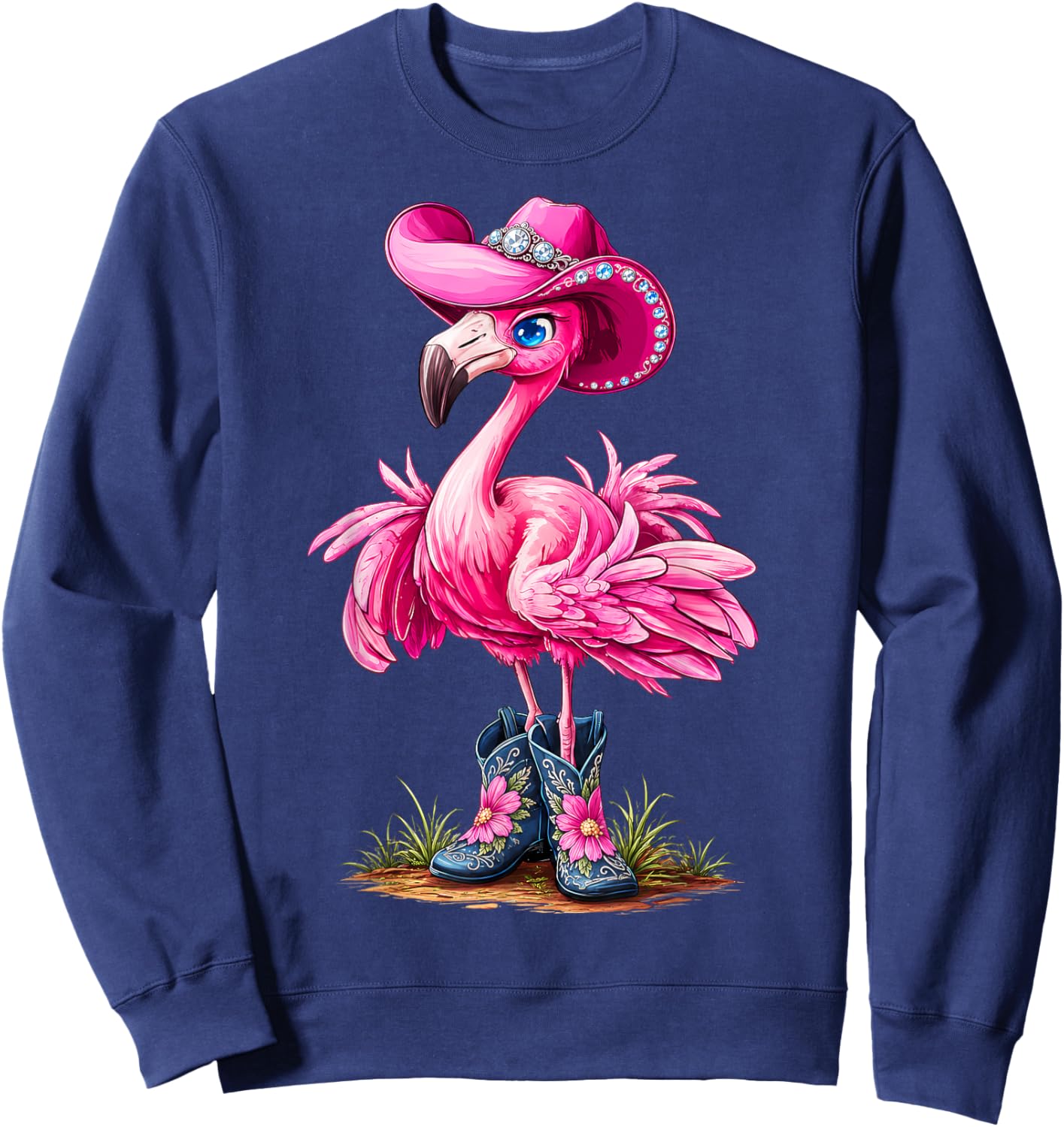 Pink Flamingo Tropical Bird Western Country Cowgirl Boots Sweatshirt - Sweatshirt | Navy