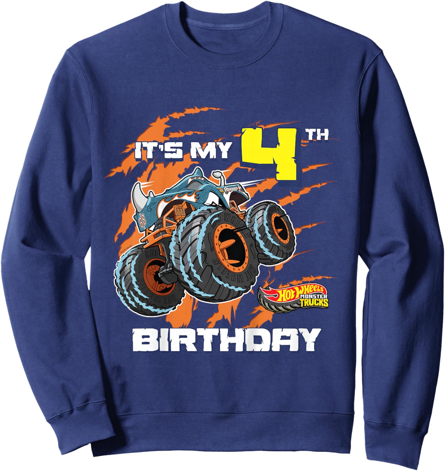 Kids Hot Wheels Monster Trucks - It's My 4th Birthday Sweatshirt - Sweatshirt | Navy