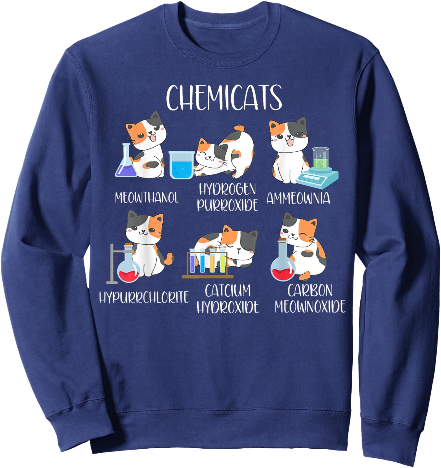 Cute Cats Scientist Science Teacher Cat Lover , -Adults, Black, Small, Short Sleeve Sweatshirt - Sweatshirt | Navy