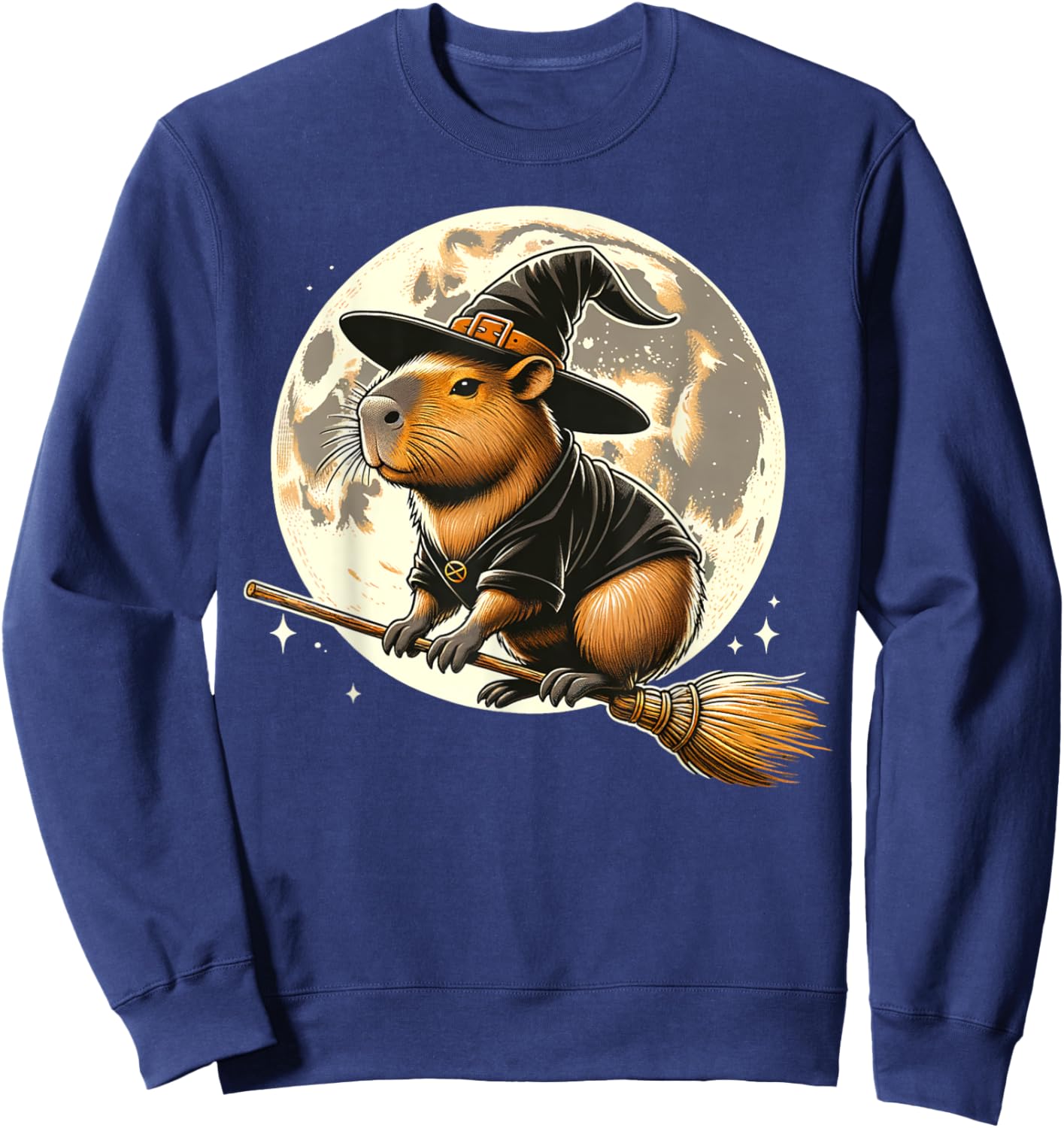 Funny Capybara Rides a Witch's Broom Halloween Spooky Vides Sweatshirt - Sweatshirt | Navy