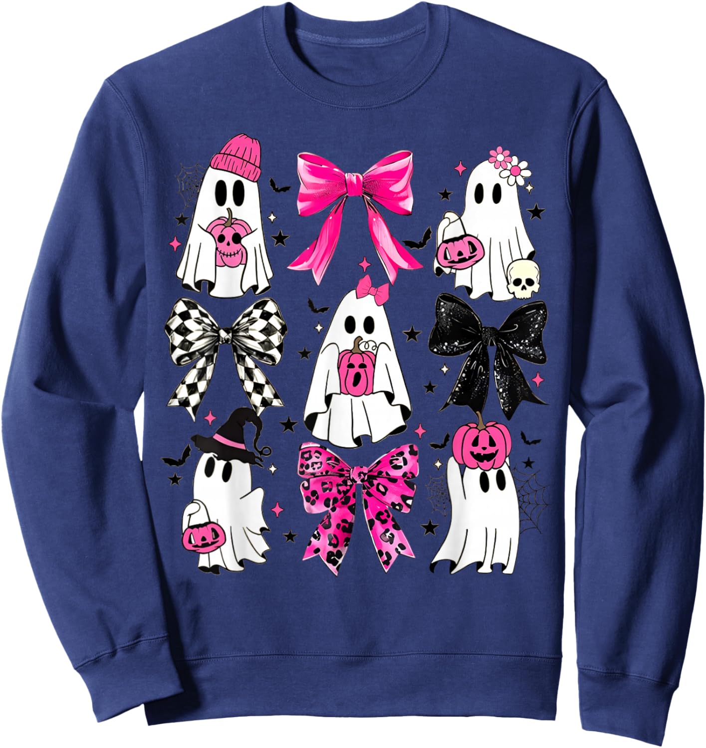 Cute Ghost Coquette Aesthetic Pink Bows Spooky Season Girl Sweatshirt - Sweatshirt | Navy