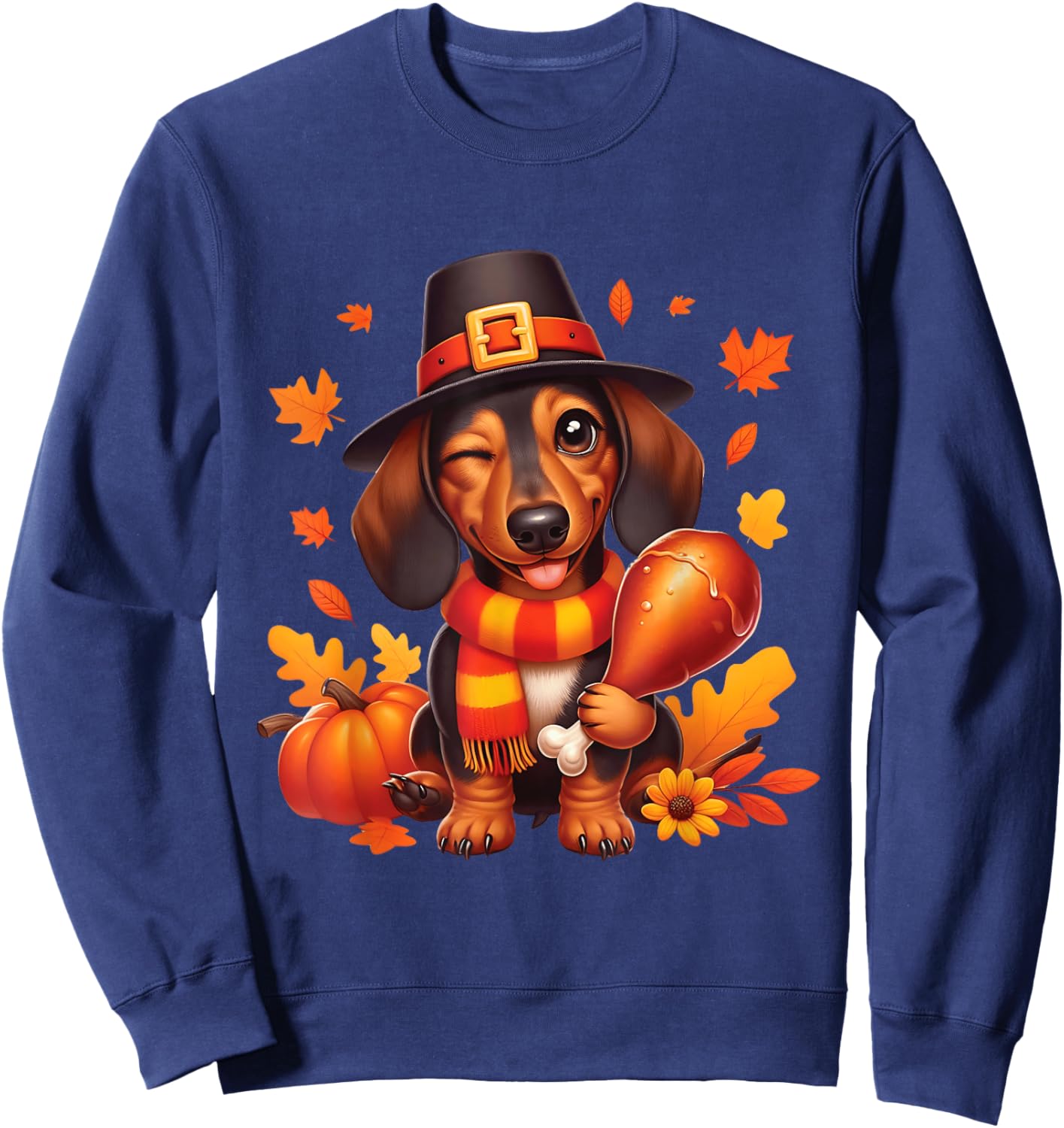 Dachshund Pilgrim Happy Thanksgiving Dog Men Women Girl Boy Sweatshirt - Sweatshirt | Navy