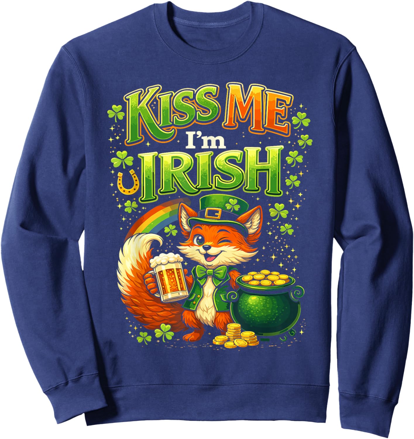 Kiss Me Im Irish St Patricks Day Fox Shamrock Sweatshirt - Sweatshirt | Navy