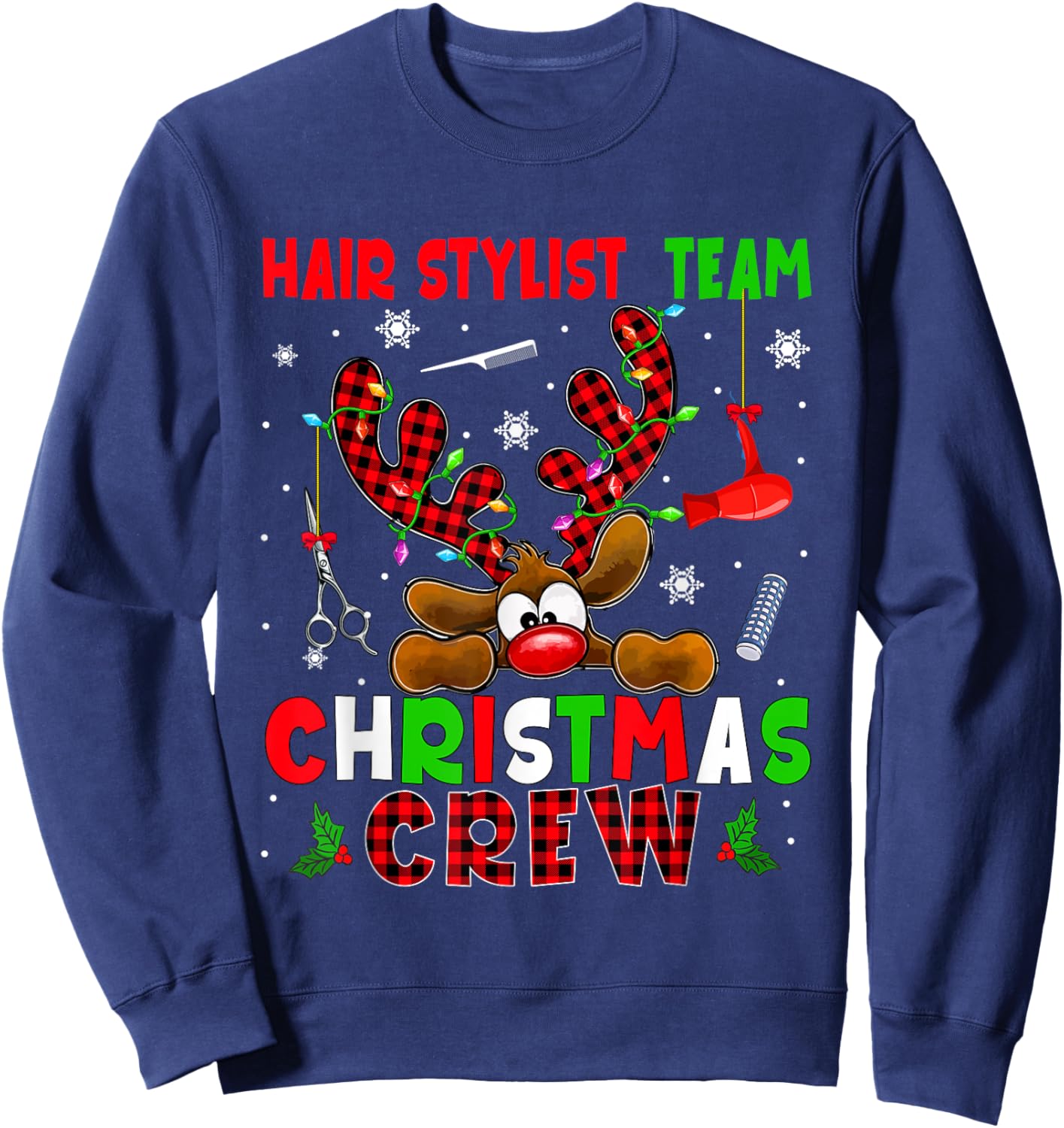 Hair Stylist Team Christmas Crew Proud Job Colorful Reindeer Sweatshirt - Sweatshirt | Navy