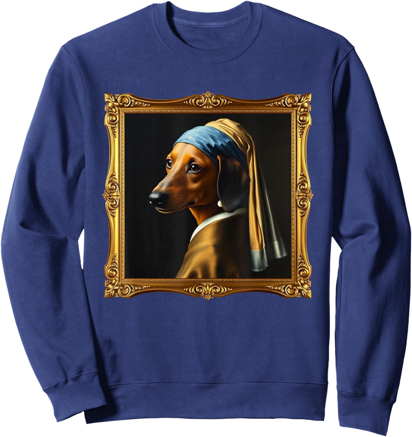 Dachshund Girl Dog with a Pearl Earring Famous Painting Sweatshirt - Sweatshirt | Navy
