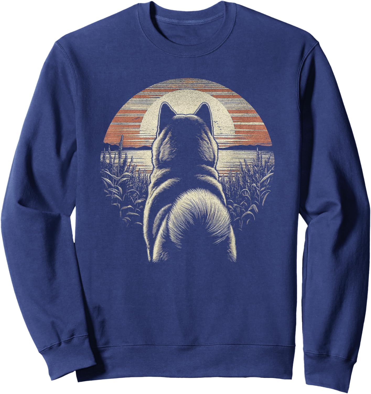 Vintage Akita Dog Retro Sunset Scene Art Design Men Women Sweatshirt - Sweatshirt | Navy