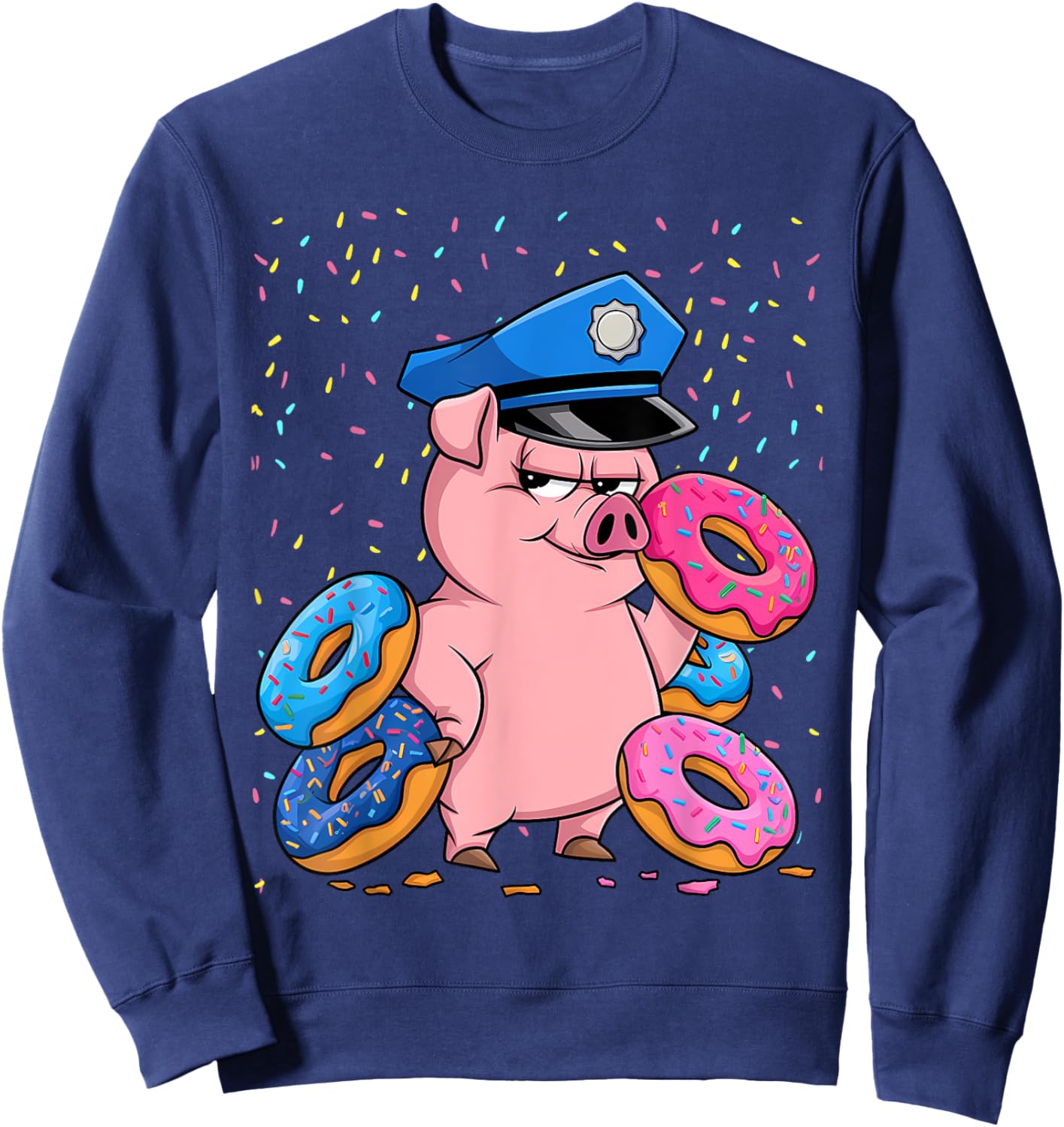 Pig Lover Gift Co. | Pig Cop Police Officer Doughnut - Black, Small, Short Sleeve Sweatshirt - Sweatshirt | Navy