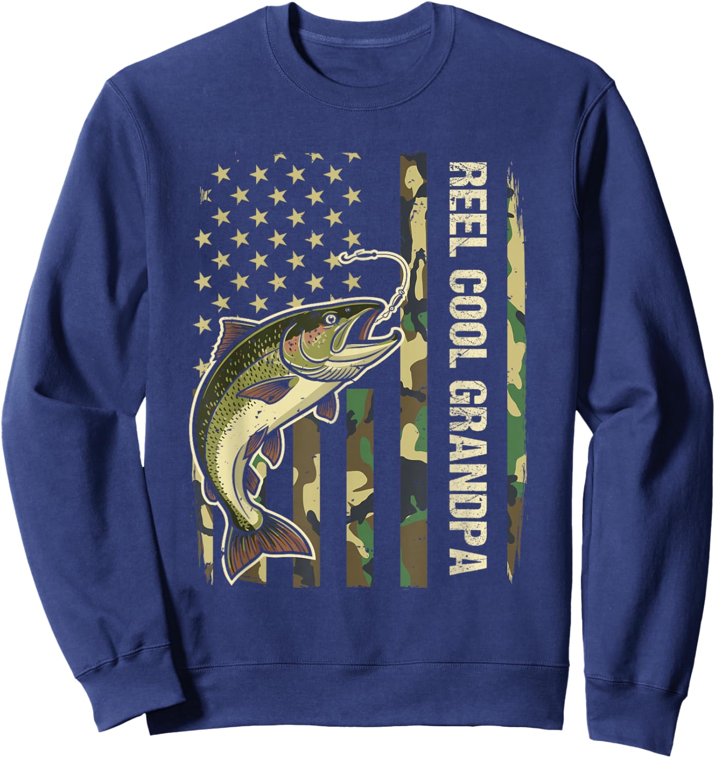 Reel Cool Grandpa Trout Fishing Camo American Flag Fisherman Sweatshirt - Sweatshirt | Navy
