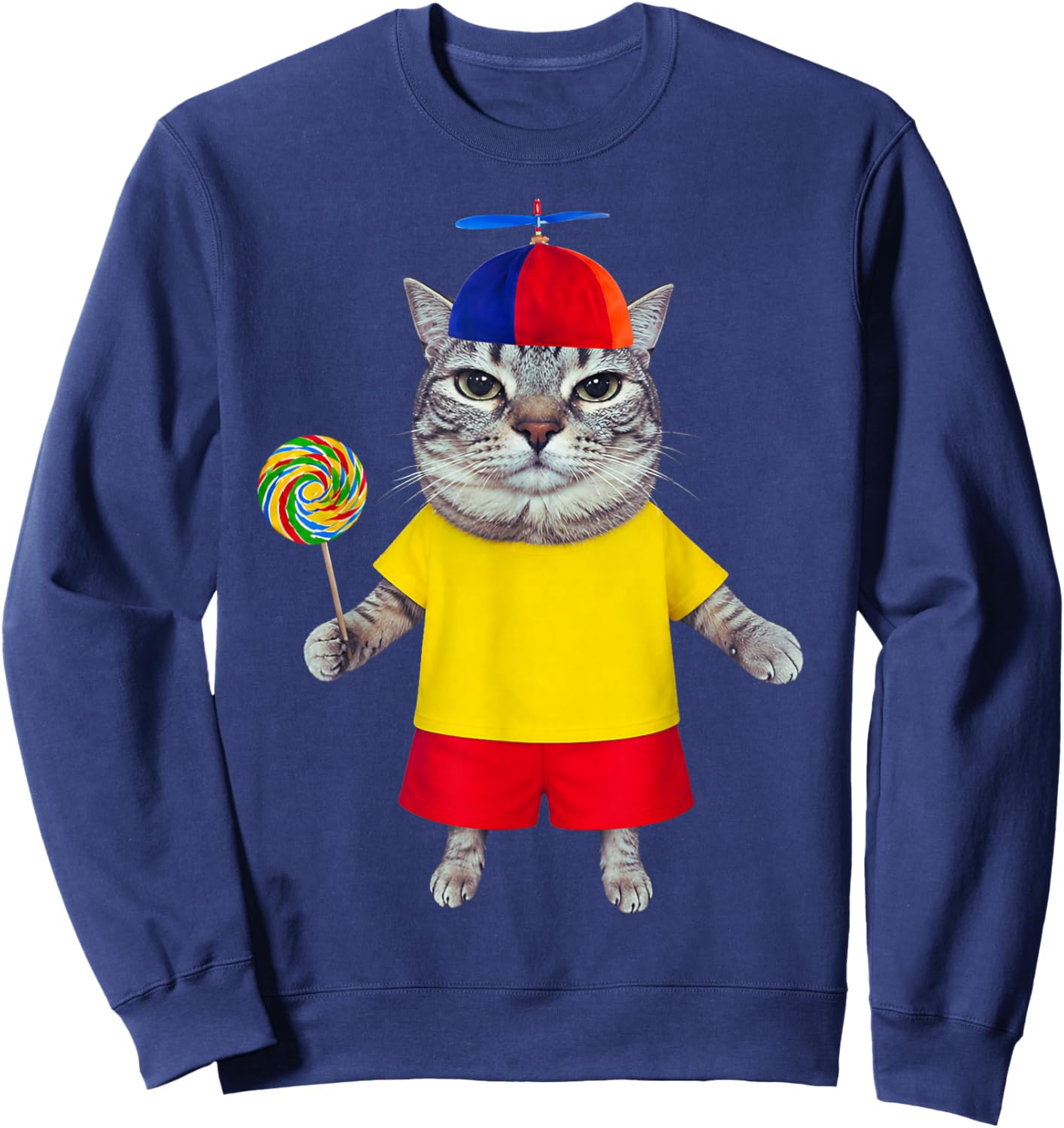 Silly Cat with Lollipop Propeller Hat Funny Meme Men Women Sweatshirt - Sweatshirt | Navy