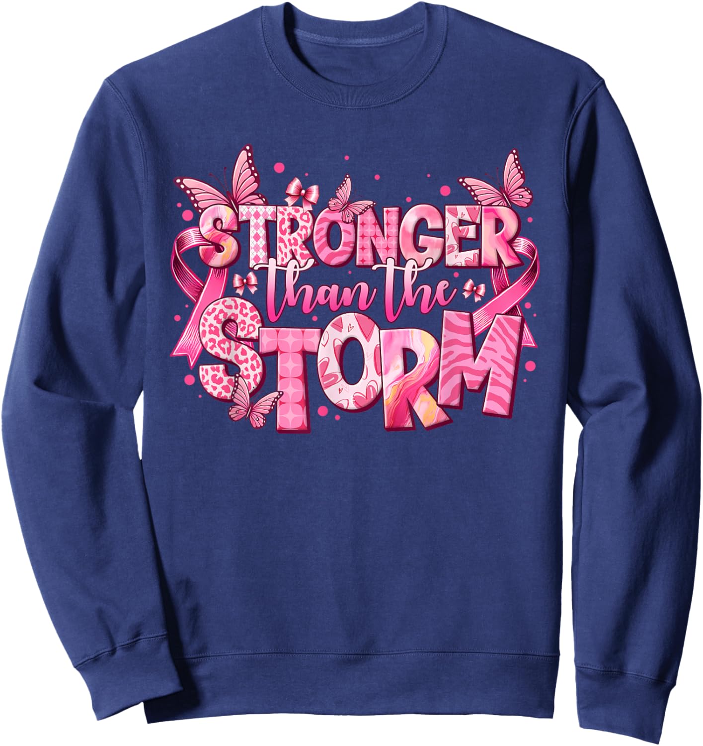 Stronger Than The Storm Pink Ribbon Breast Cancer Awareness Sweatshirt - Sweatshirt | Navy