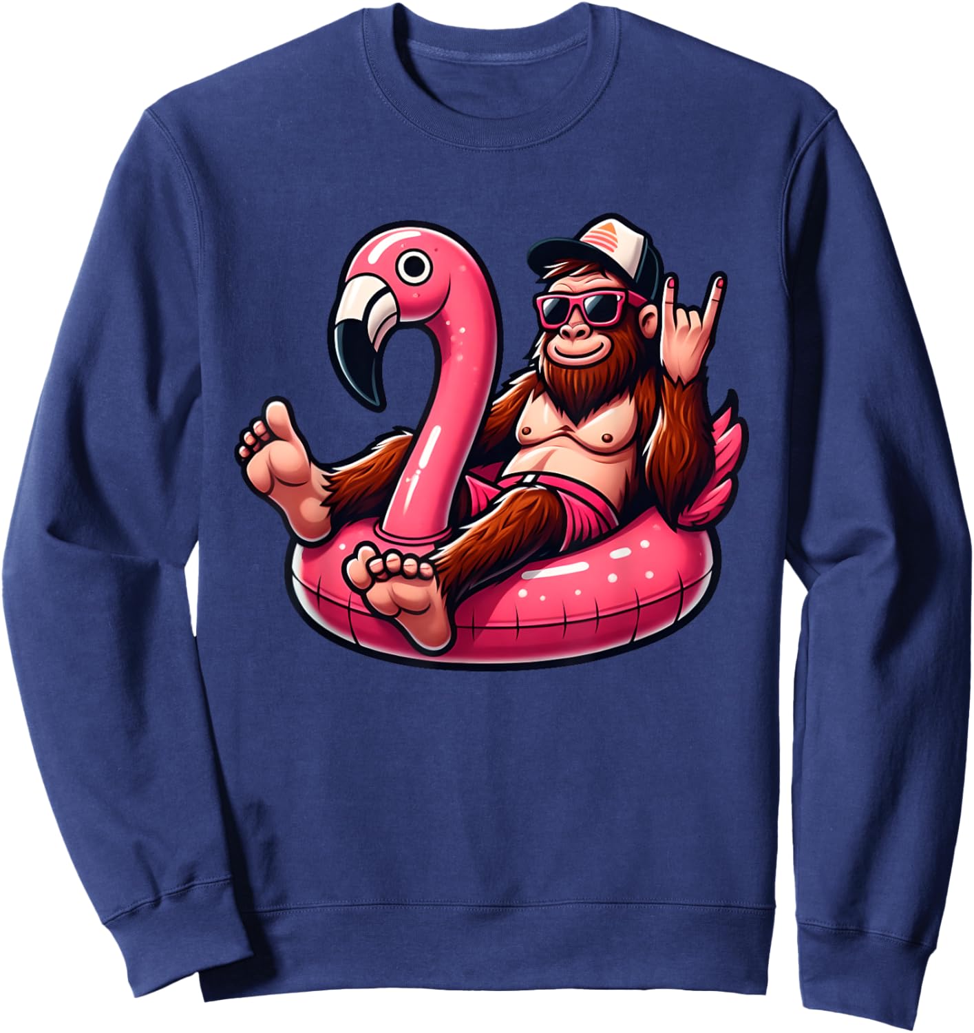 Bigfoot Chilling on Pink Flamingo Pool Float Beach Vacation Sweatshirt - Sweatshirt | Navy