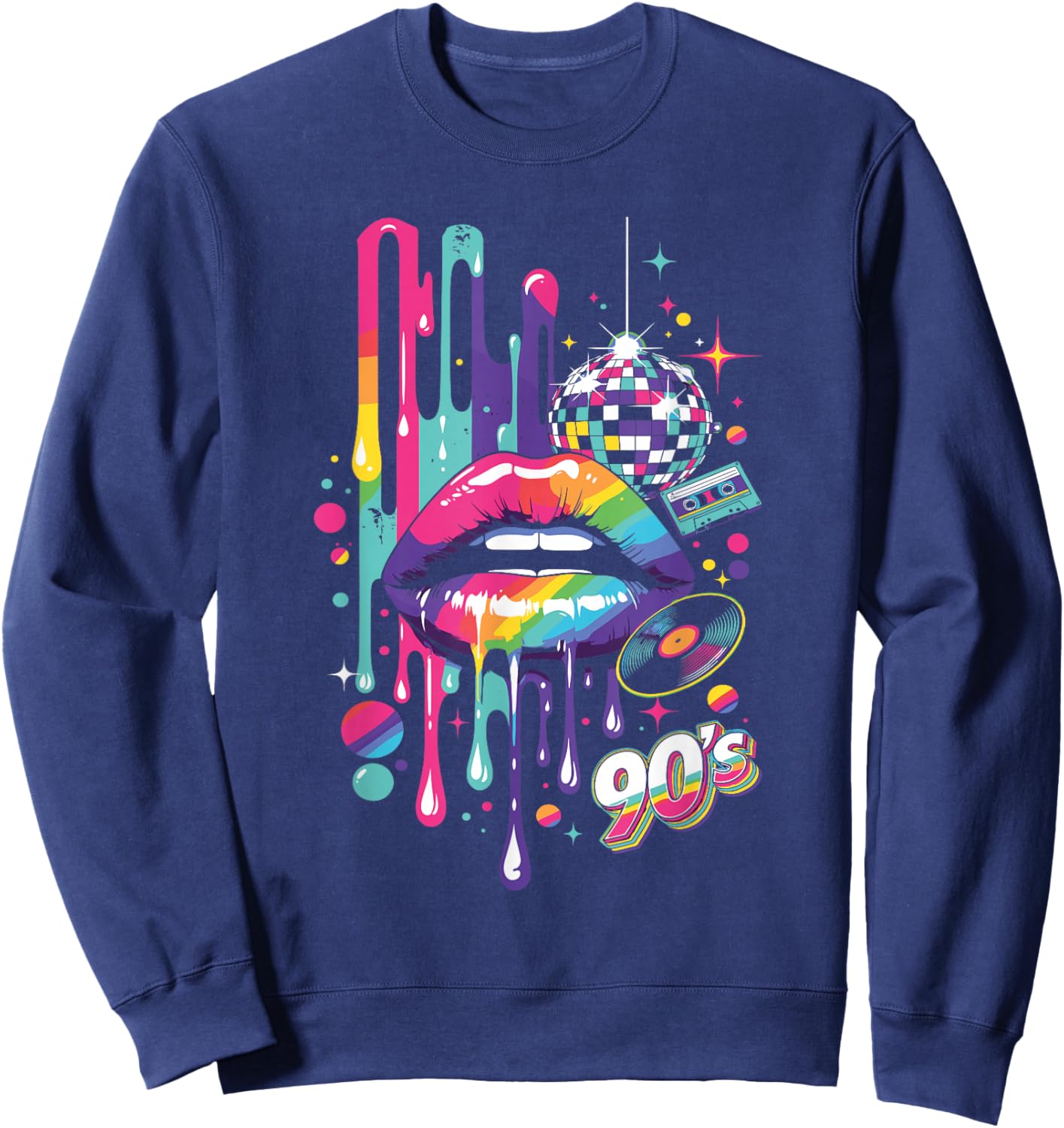 Colourful 90s Lips Retro Disco Cassette Vinyl Party Sweatshirt - Sweatshirt | Navy
