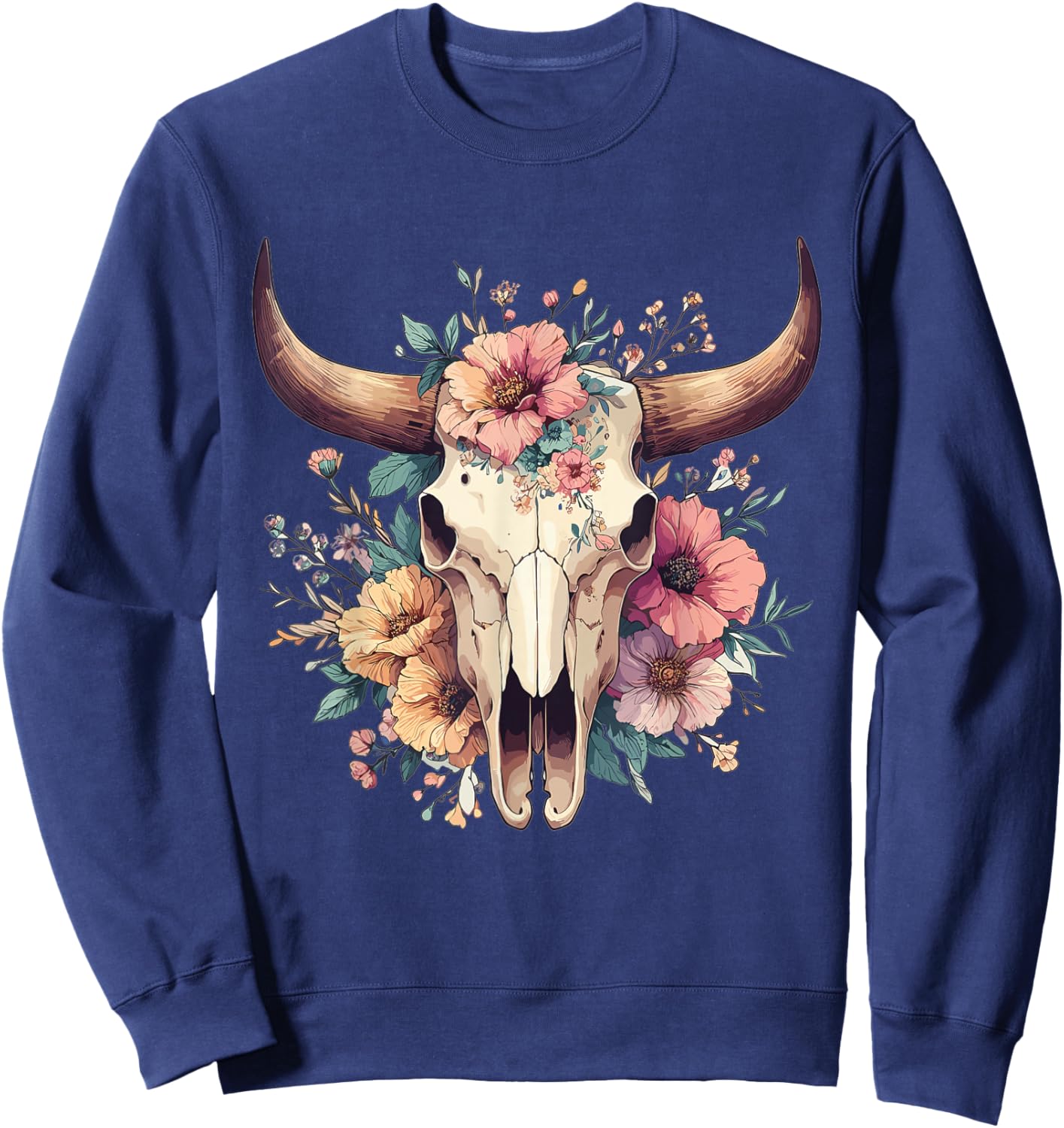 Boho Cow Bull Skull Flowers Wild west Western Cowgirl Texans Sweatshirt - Sweatshirt | Navy