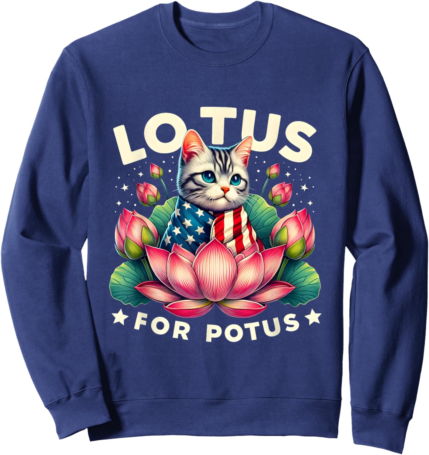 Vintage Lotus for Potus Kamala Harris US Flag Cat Lovers Men Women Girls Kids Sweatshirt - Sweatshirt | Navy