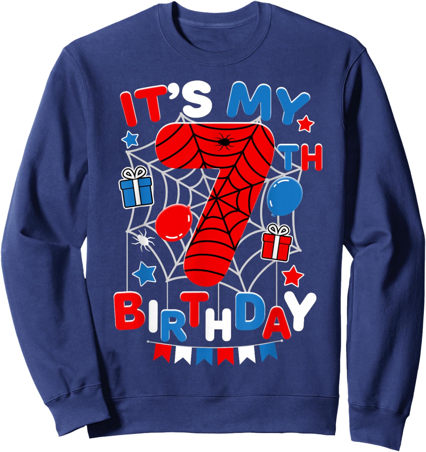 It's My 7th Birthday Spider Theme Party 7 Year Old Boys Kids Sweatshirt - Sweatshirt | Navy