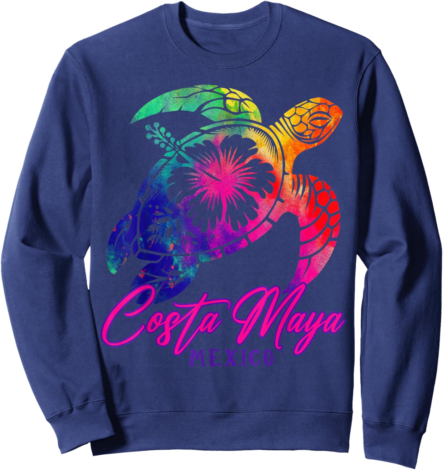 Costa Maya Mexico Tie Dye Sea Turtle Hibiscus Beach Vacation Sweatshirt - Sweatshirt | Navy