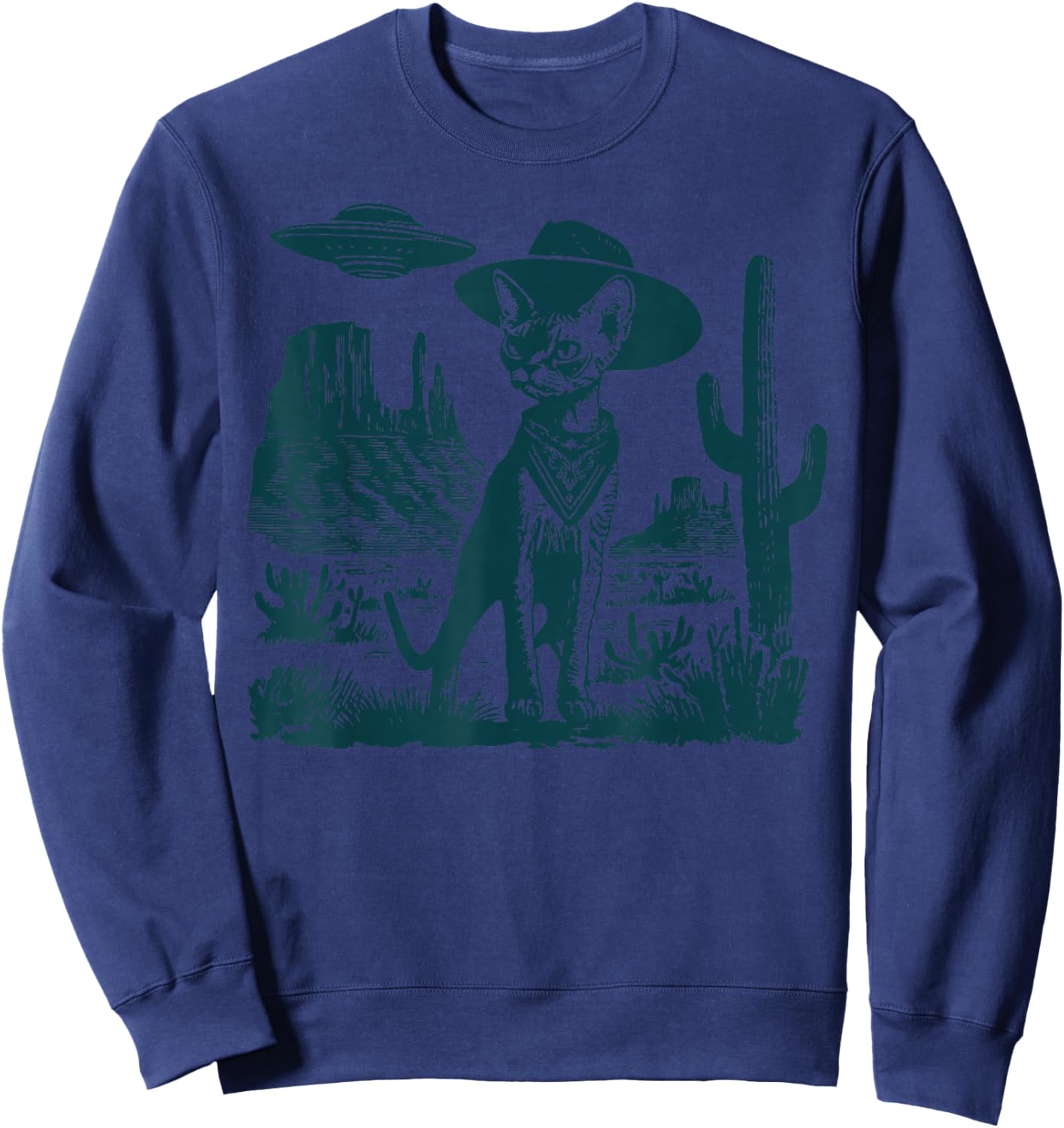 Vintage Devon Rex Cat Cowboy Hat UFO Western Country Rodeo Sweatshirt - Sweatshirt | Navy