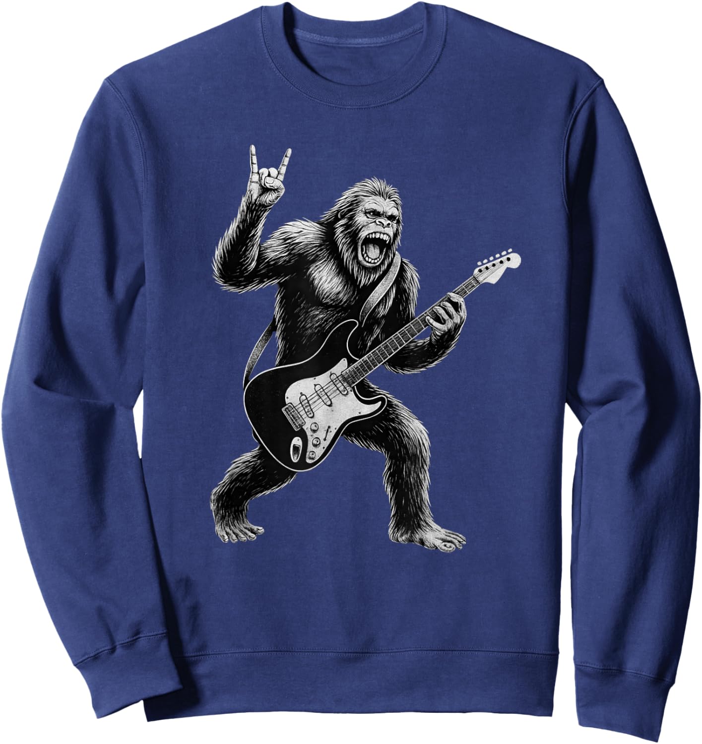 Funny Bigfoot Sasquatch Playing Guitar, Rock and Roll Music Sweatshirt - Sweatshirt | Navy