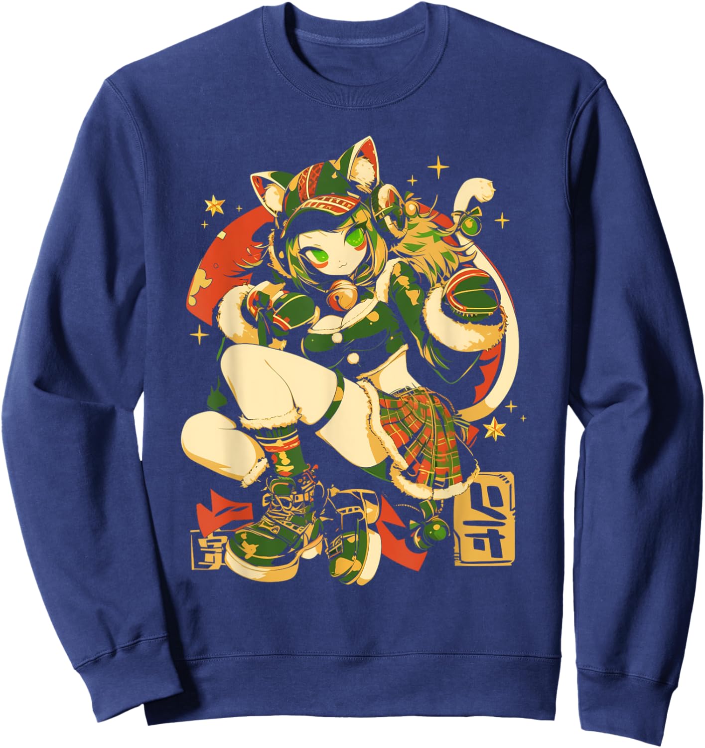 Alternative Christmas Manga Japan Anime Woman co. Christmas Cat Girl Anime Waifu Kawaii Japan Holiday Cute Sweatshirt - Sweatshirt | Navy