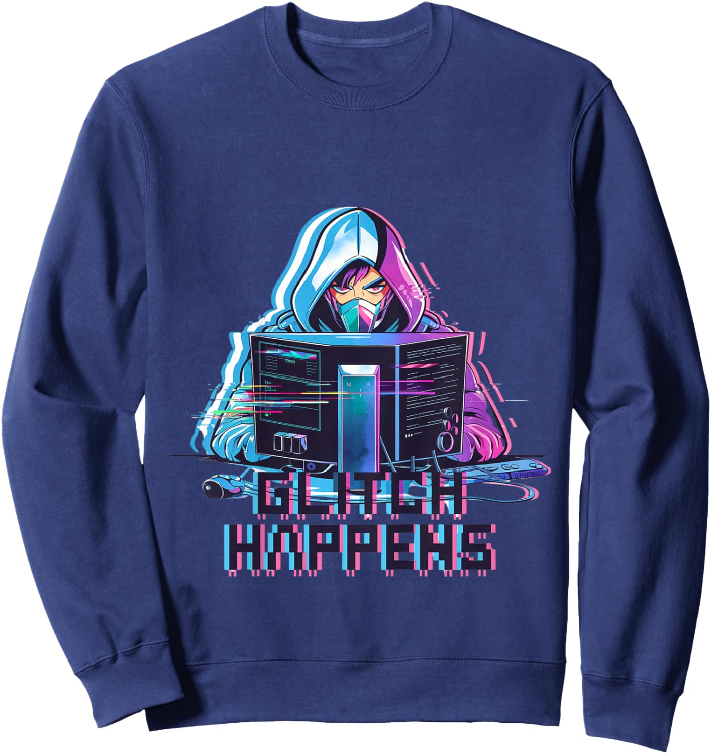 Kids Glitch Happens Anime Gamer Boy Male Futuristic Gaming Sweatshirt - Sweatshirt | Navy
