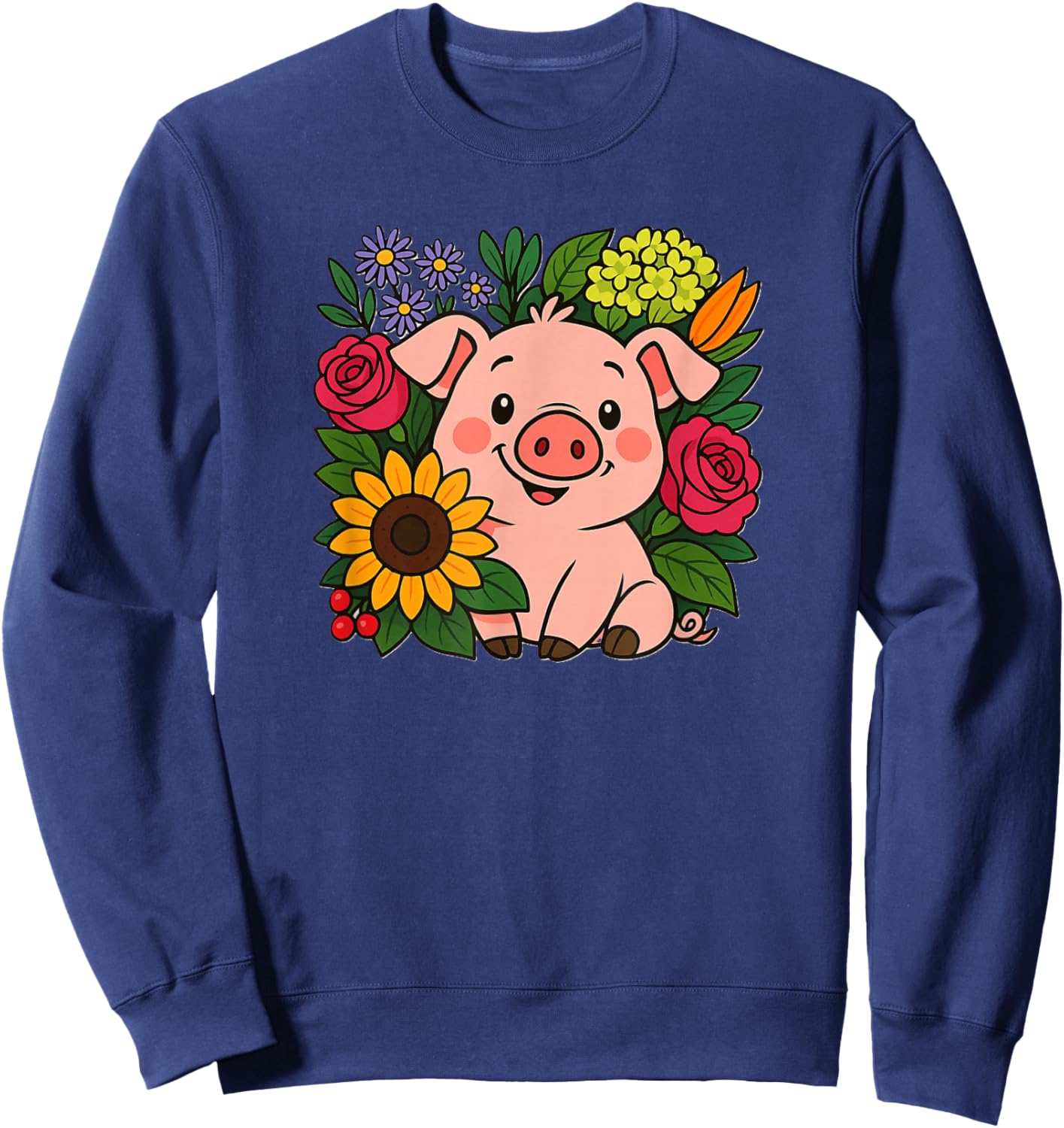 Cute Pig in Flowers Farm Animal Sweatshirt - Sweatshirt | Navy