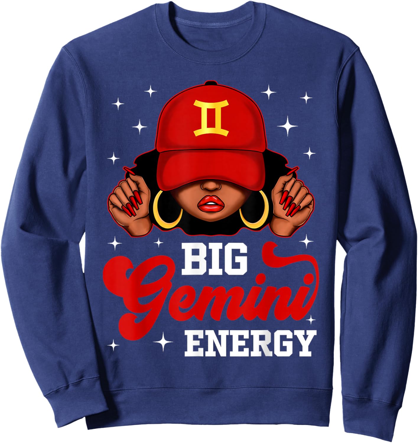 Big Gemini Energy Black Woman with Red Cap Zodiac Sweatshirt - Sweatshirt | Navy