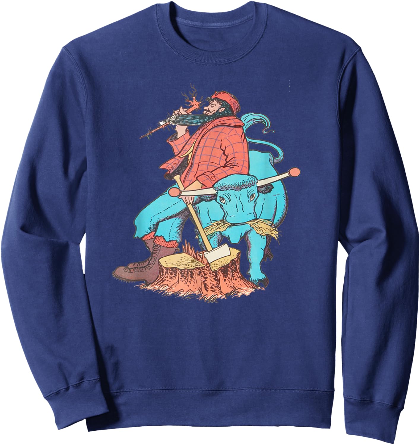 American Lumberjack Folk Hero Paul Bunyan & Babe The Blue Ox , Small, Black Sweatshirt - Sweatshirt | Navy