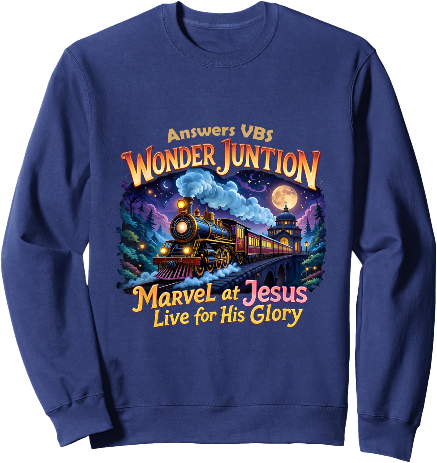 Christian Camp VBS 2025 Wonder His Glory Junction Train Sweatshirt - Sweatshirt | Navy