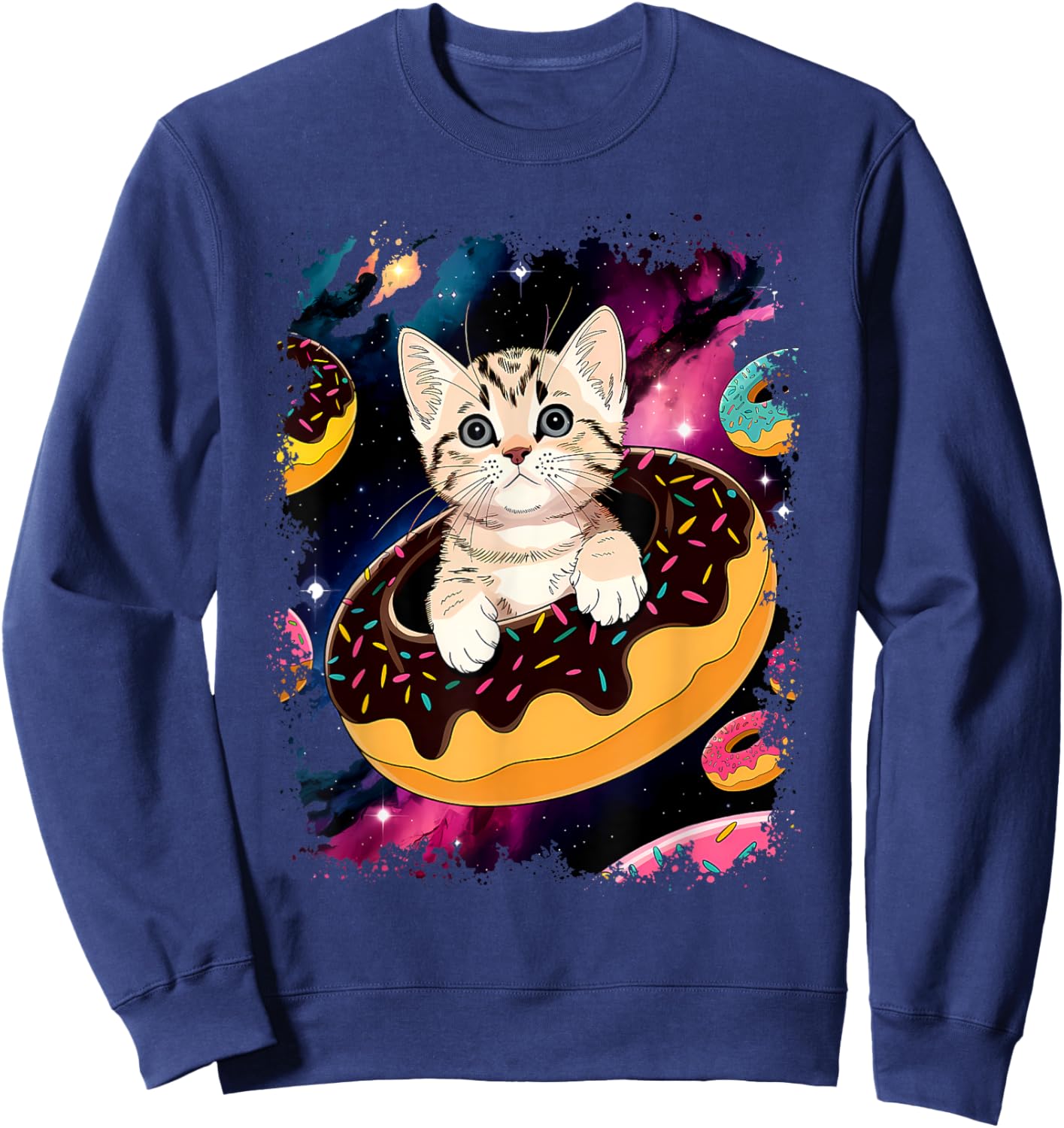 Cute Cat Inside Donut in Space Boys Girl - Kitty in Space Sweatshirt - Sweatshirt | Navy