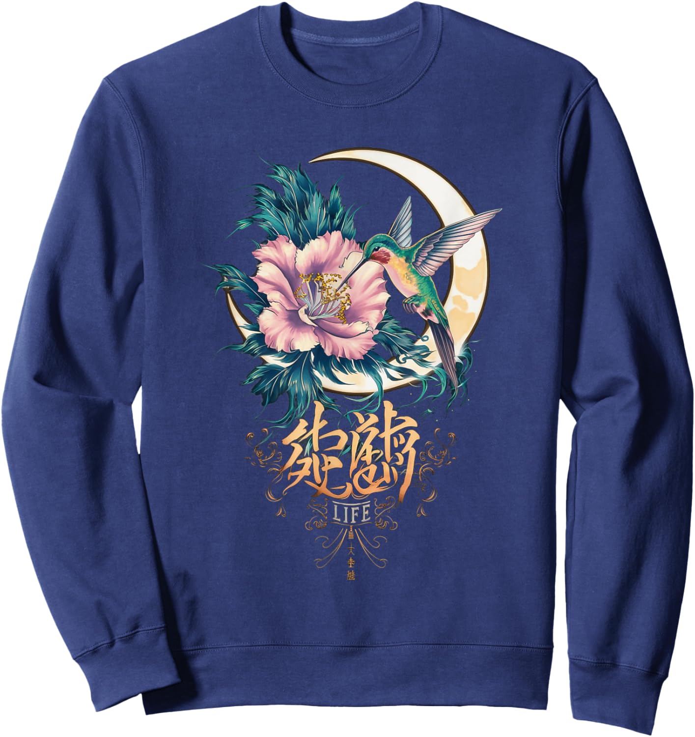 Vibrant Life Hummingbird with Hibiscus Moon Japanese Style Sweatshirt - Sweatshirt | Navy