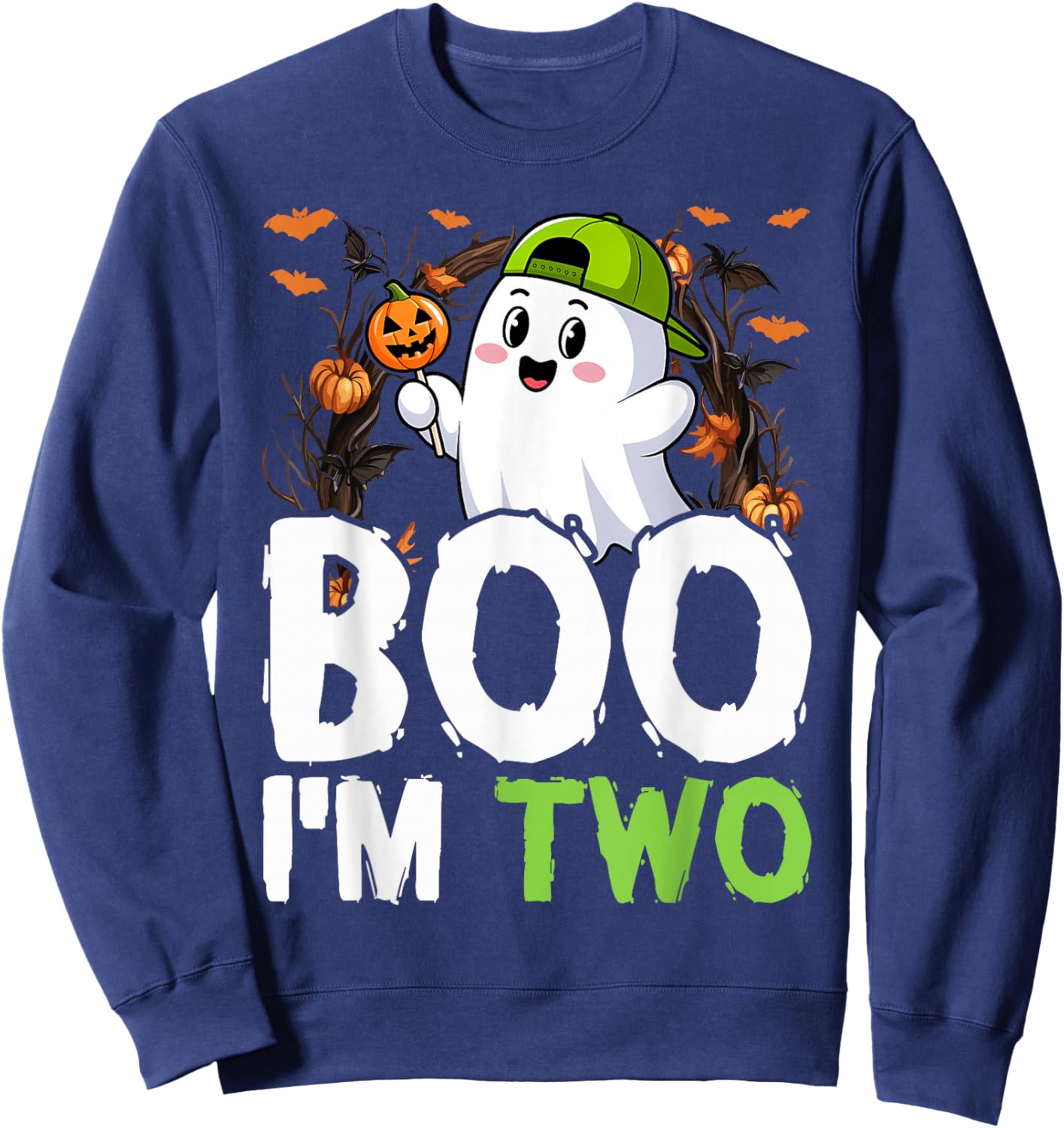 Boo I'm Two Ghost Second 2nd Birthday Cute Halloween Groovy Sweatshirt - Sweatshirt | Navy