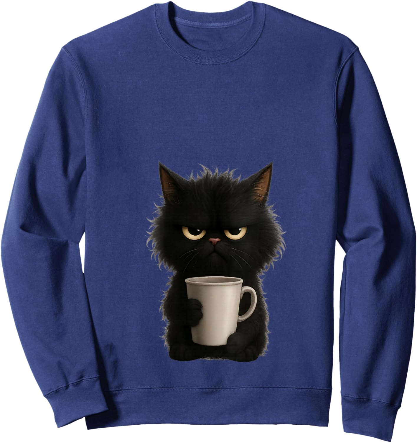 Grumpy Black Cat Coffee Mug Morning Mood Design V-Neck Sweatshirt - Sweatshirt | Navy
