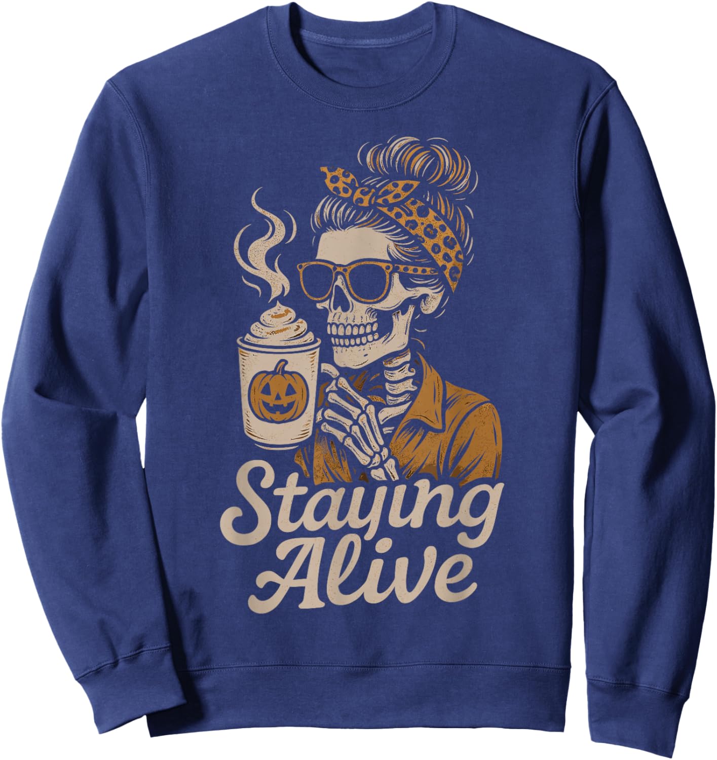 Staying Alive Spooky Skeleton Coffee Retro Halloween Sweatshirt - Sweatshirt | Navy