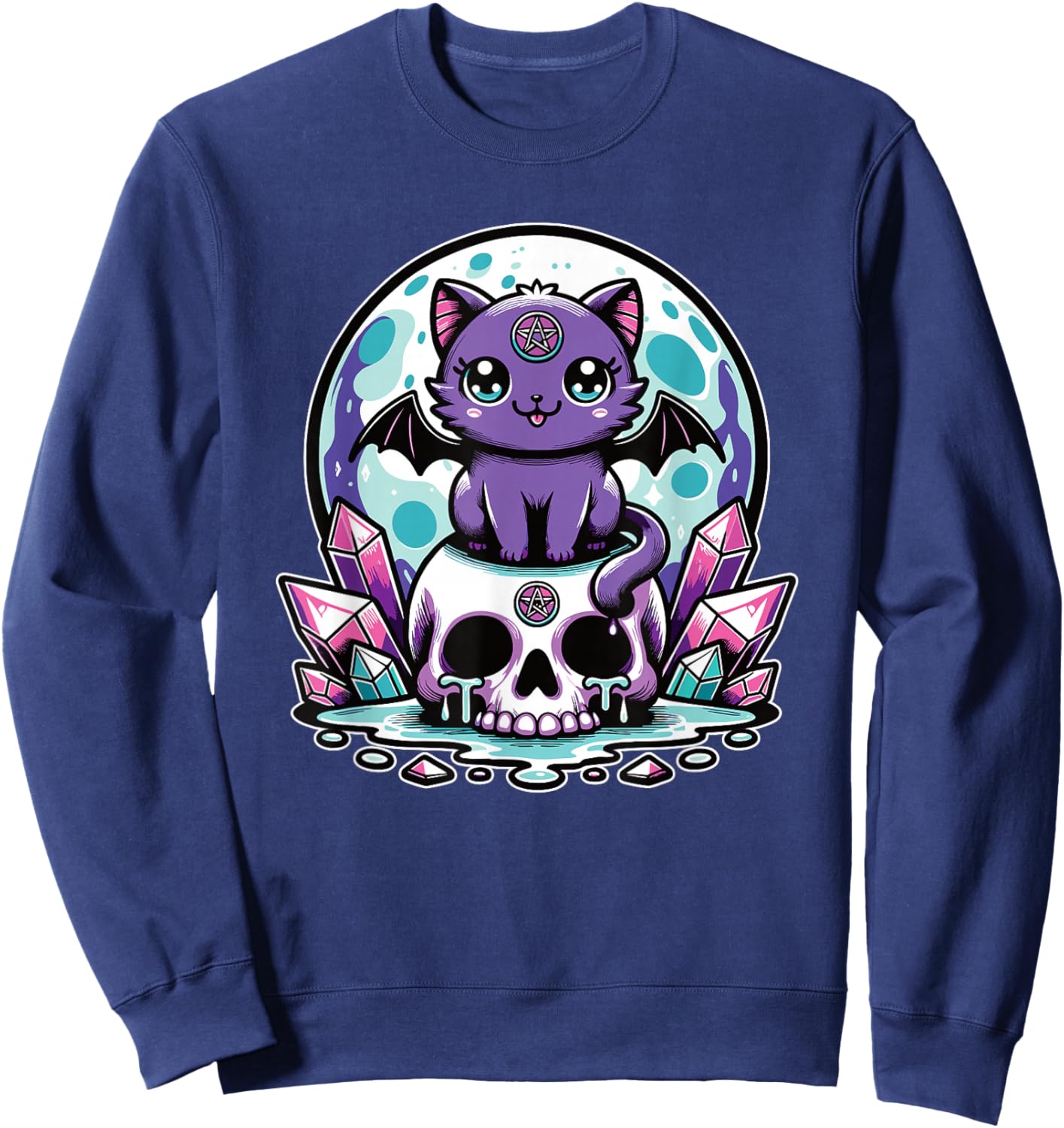 Kawaii Pastel Goth Cute Creepy Cat Bat Skeleton Sweatshirt - Sweatshirt | Navy