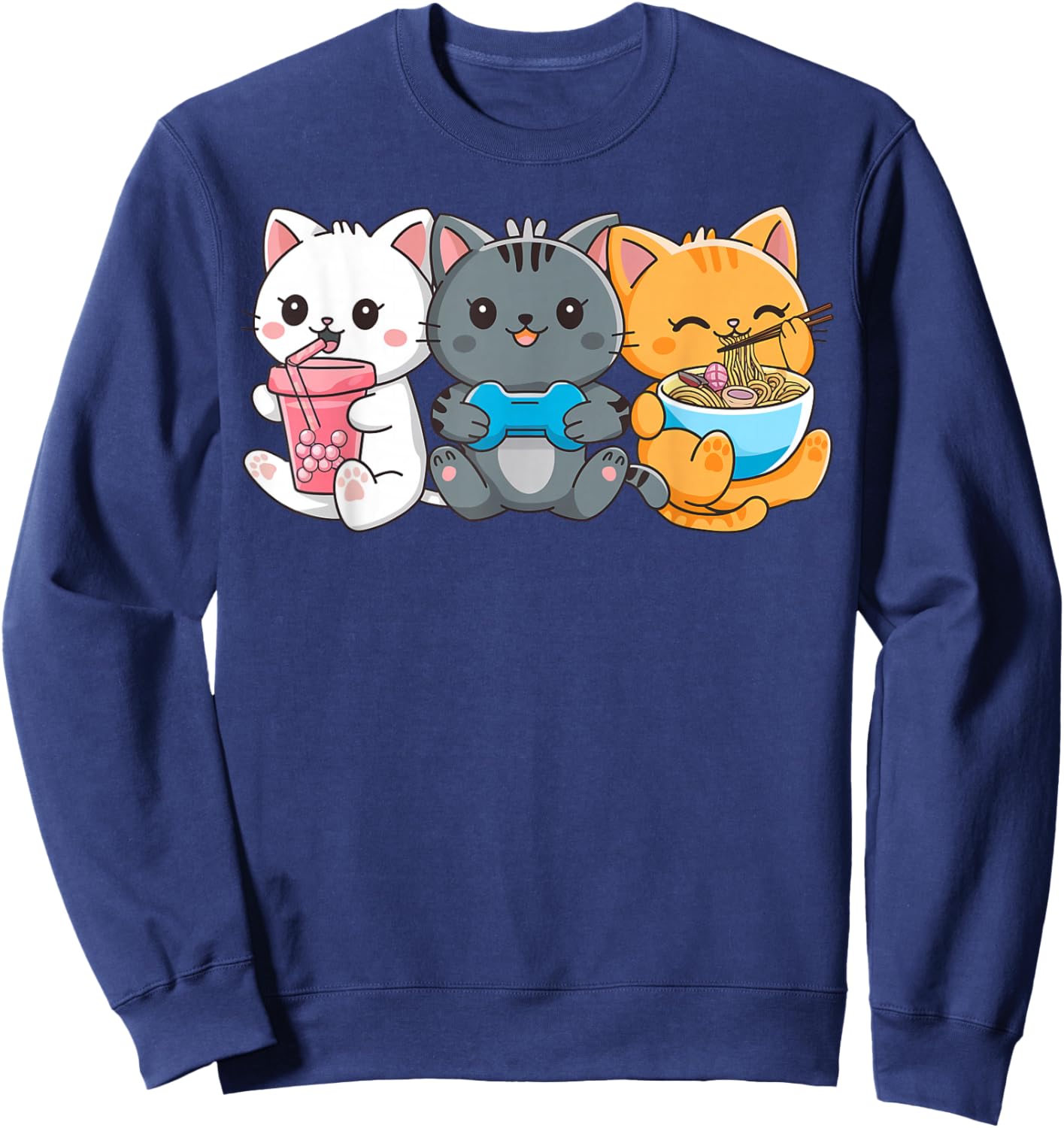Anime Cat Boba Tea Gaming Ramen Cats Gifts Women Kid Sweatshirt - Sweatshirt | Navy