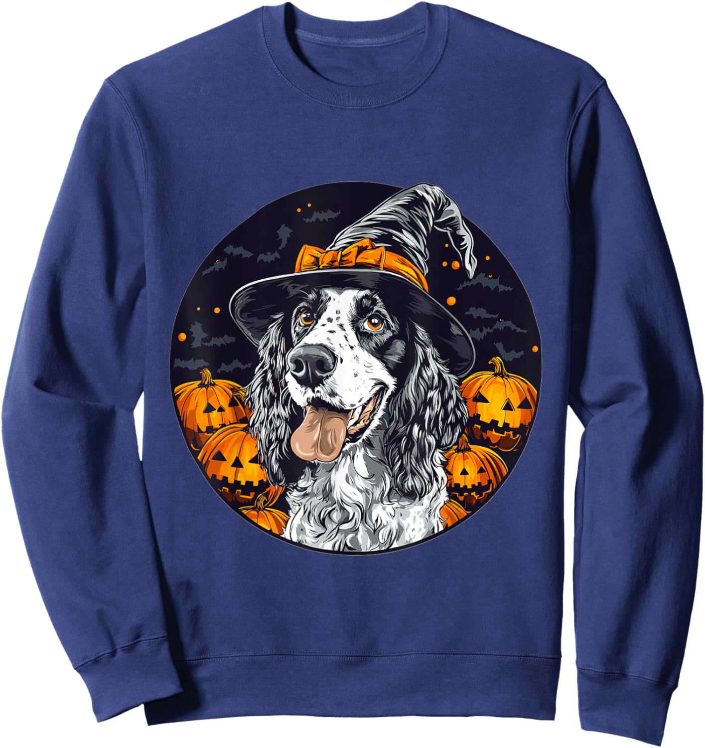 English Setter Dog Whitch Hat Halloween Pumpkin Spooky Happy Sweatshirt - Sweatshirt | Navy