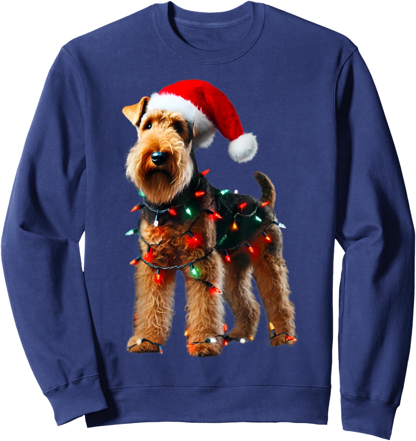 Welsh Terrier Santa Hat Christmas Lights Dog Owner Mom Dad Sweatshirt - Sweatshirt | Navy
