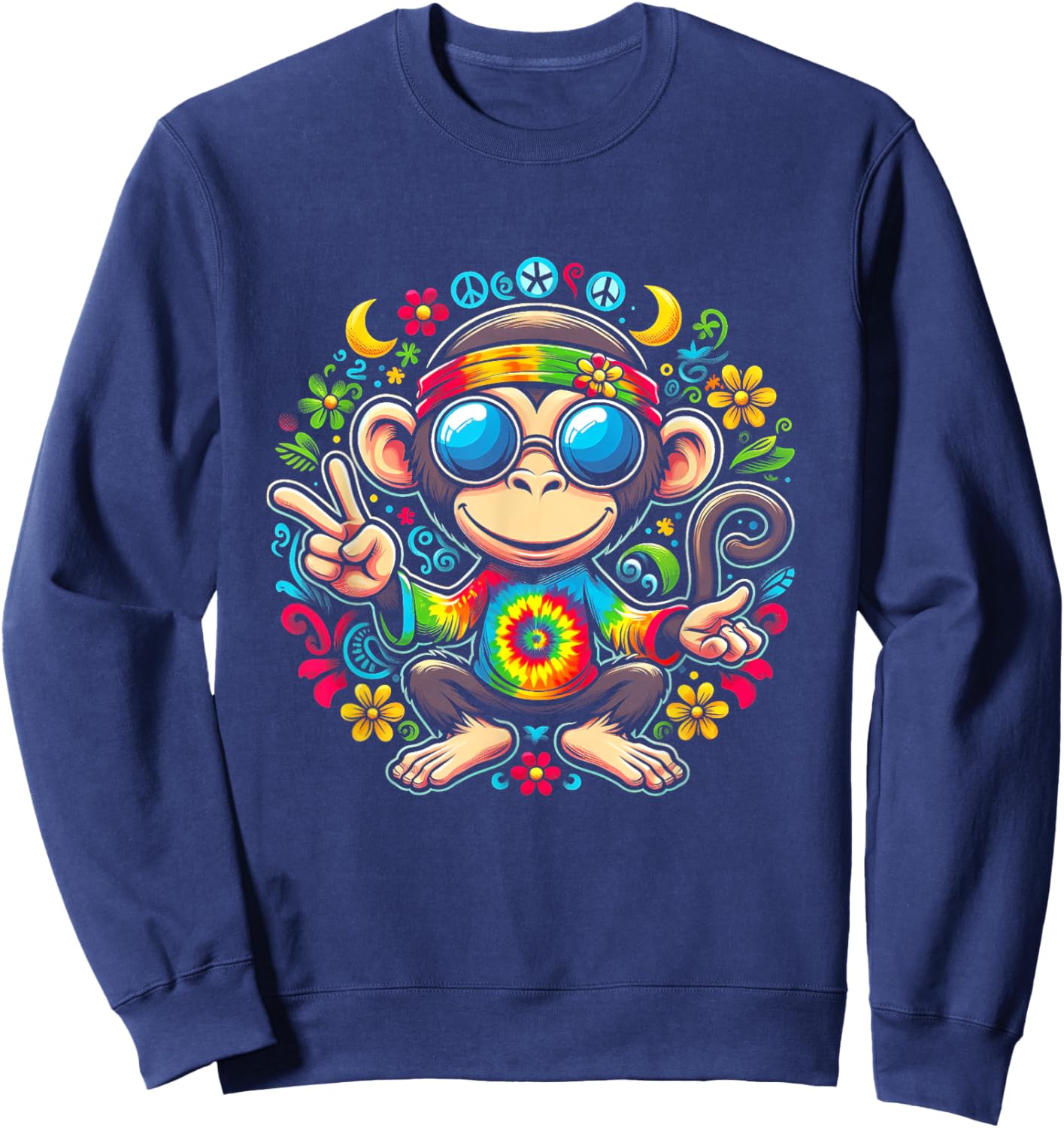 Monkey Peace Sign Tie Dye For Boys And Girl Hippie Colorful Sweatshirt - Sweatshirt | Navy