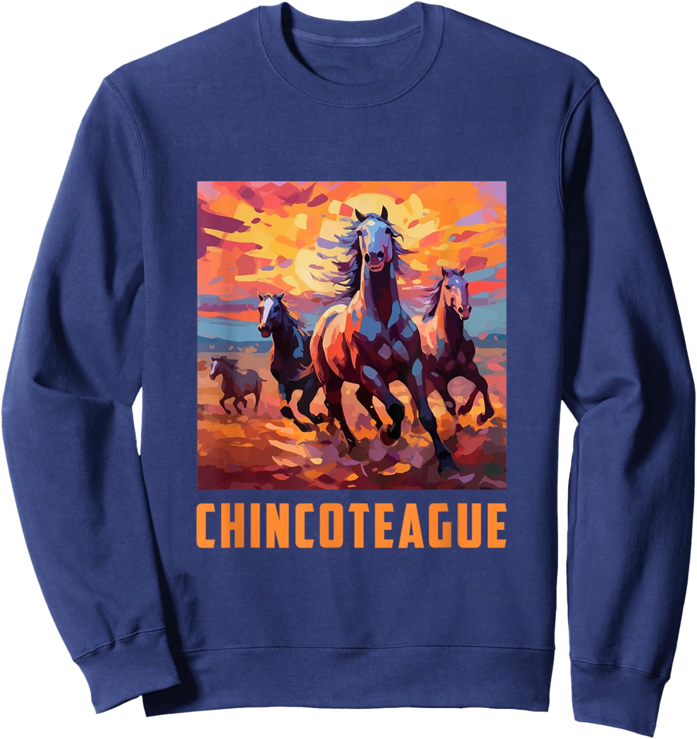 Colorful Watercolor Wild Horse Graphic Chincoteague Virginia Sweatshirt - Sweatshirt | Navy