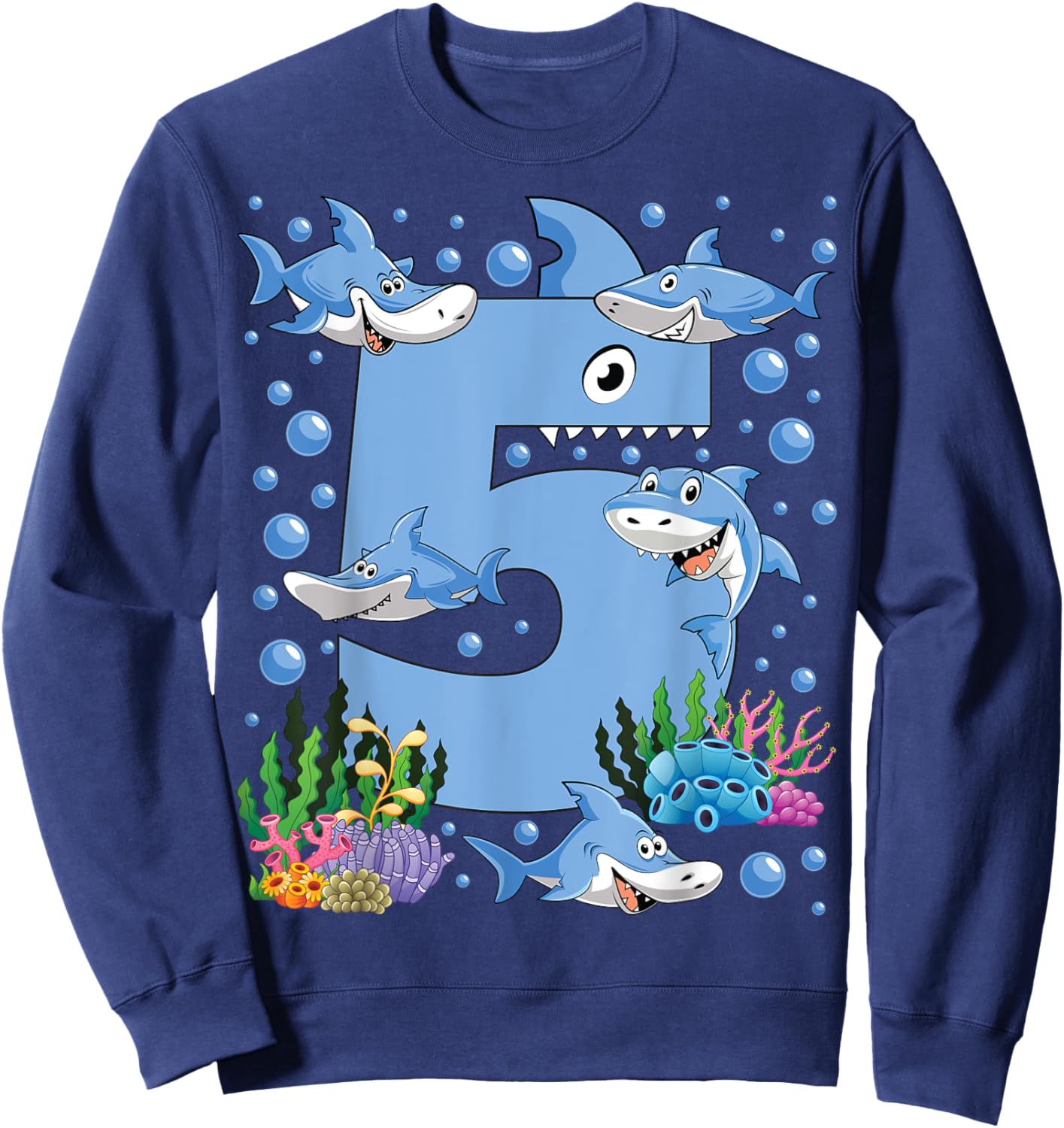 Kids 5 Years Old Shark Ocean Theme 5th Birthday Boy Party Sweatshirt - Sweatshirt | Navy