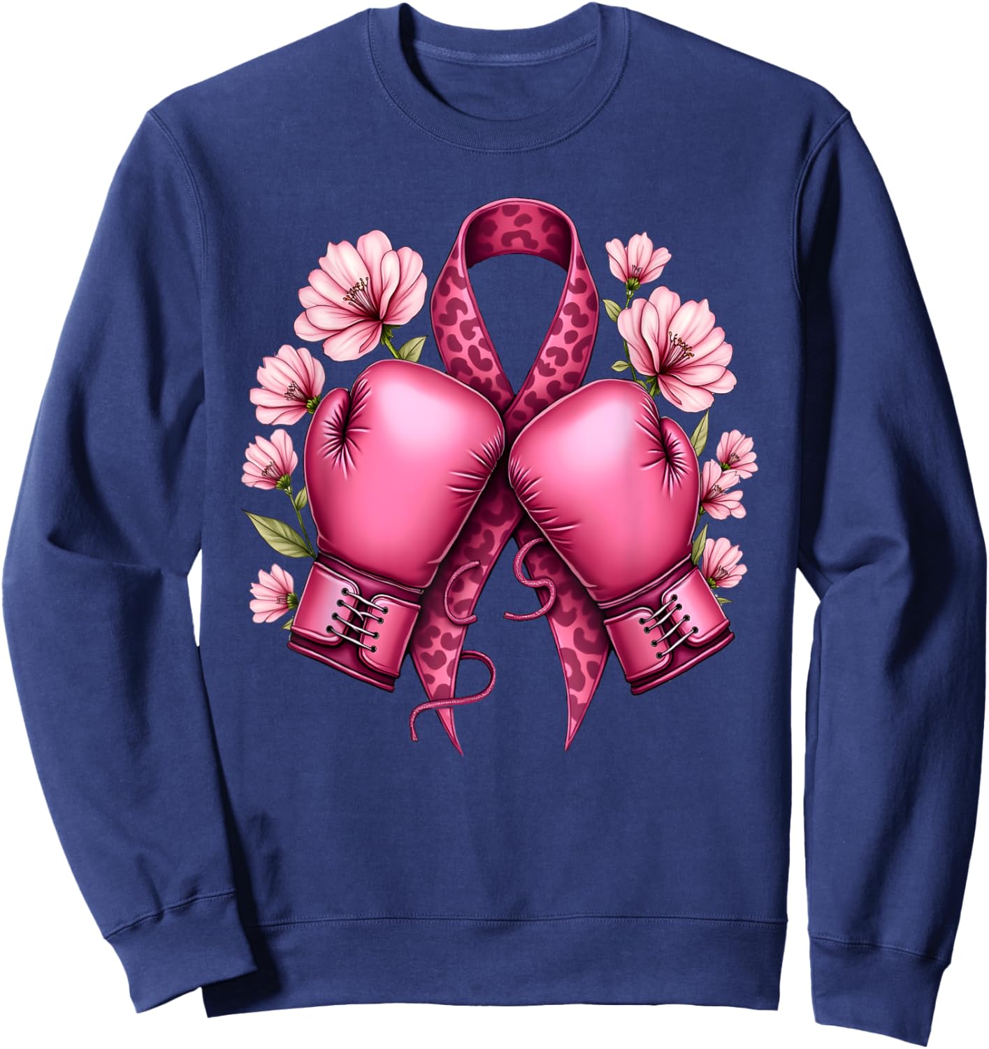 Leo Print Pink Ribbon Boxing Gloves Breast Cancer Awareness Sweatshirt - Sweatshirt | Navy