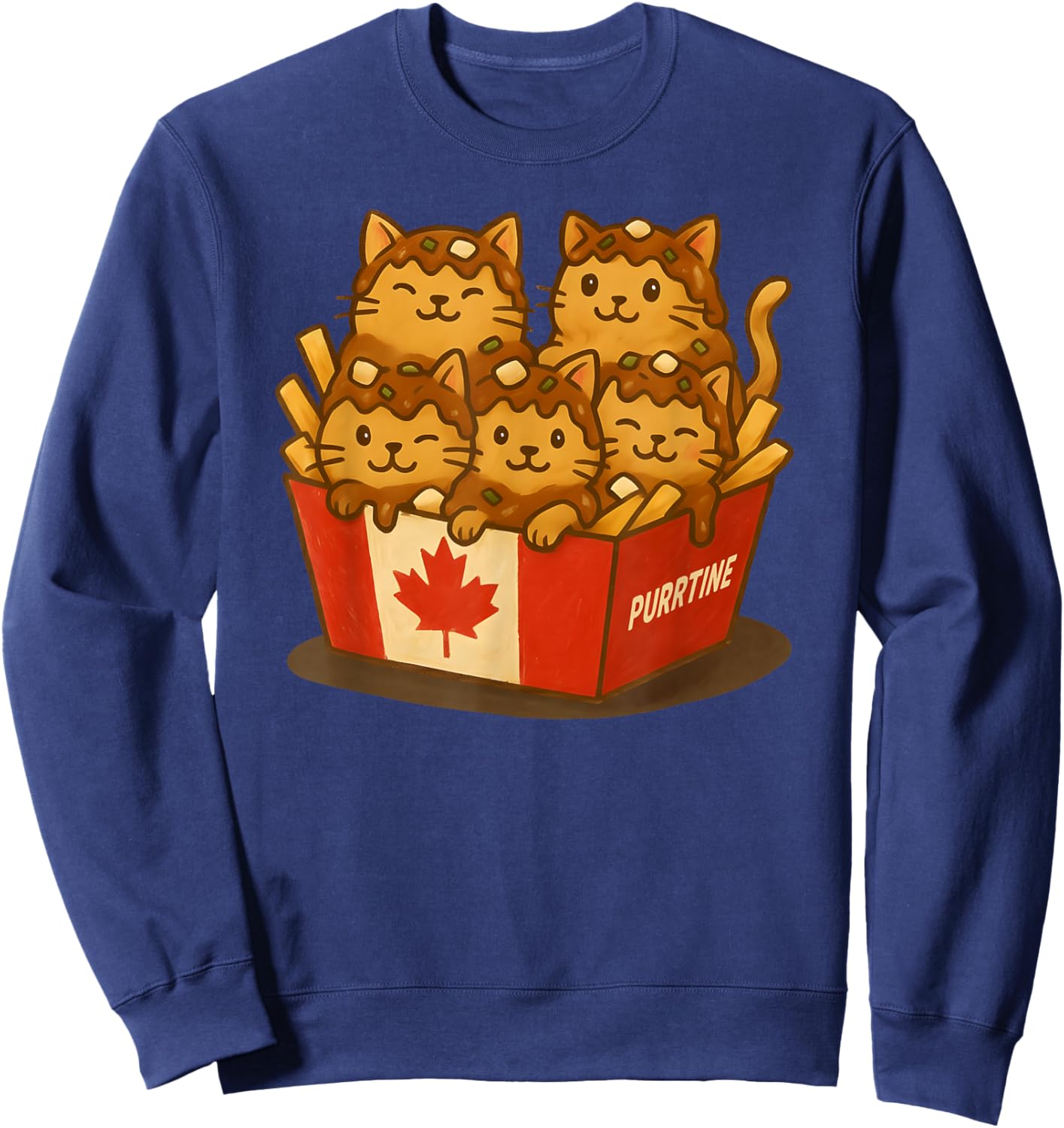 Canadian Poutine Funny Canada Cute Kawaii Cat Canadian Flag Sweatshirt - Sweatshirt | Navy