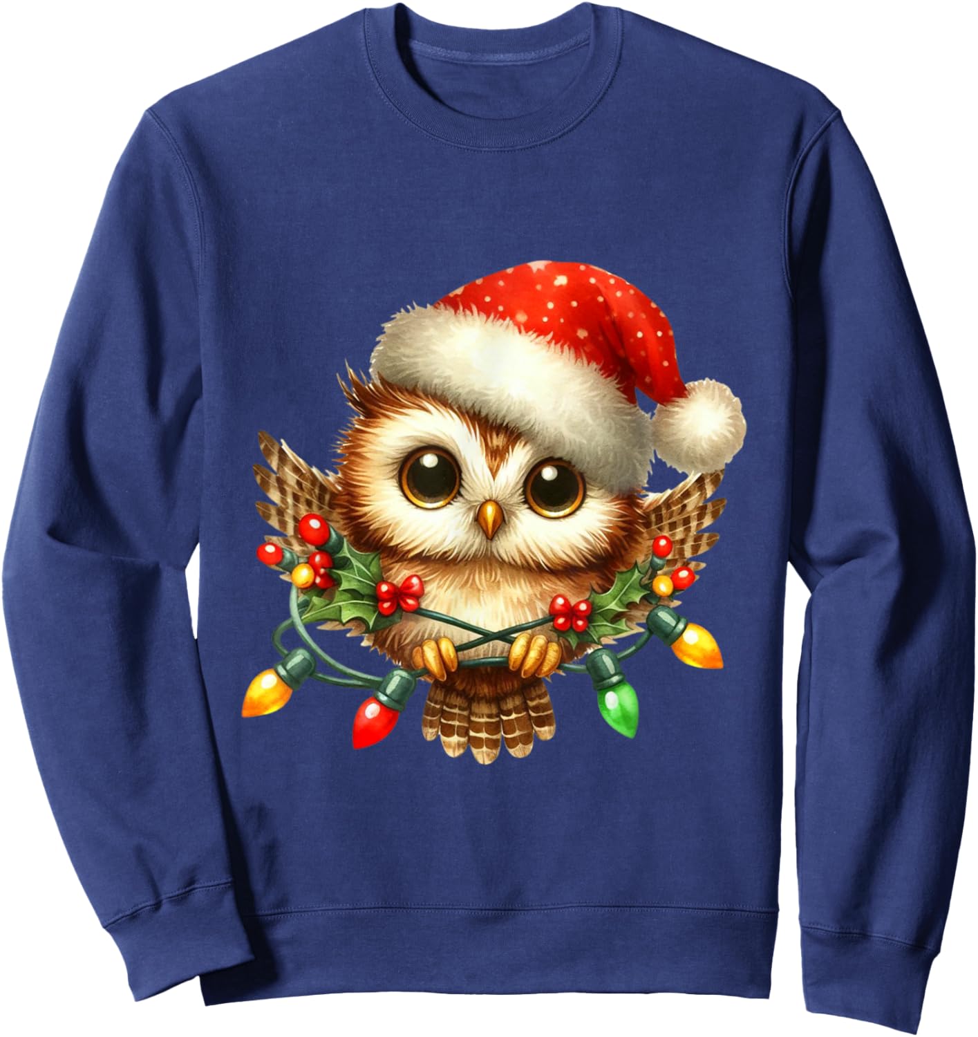 Owl Christmas Lights Santa Hat Xmas Owl Lover Sweatshirt - Sweatshirt | Navy