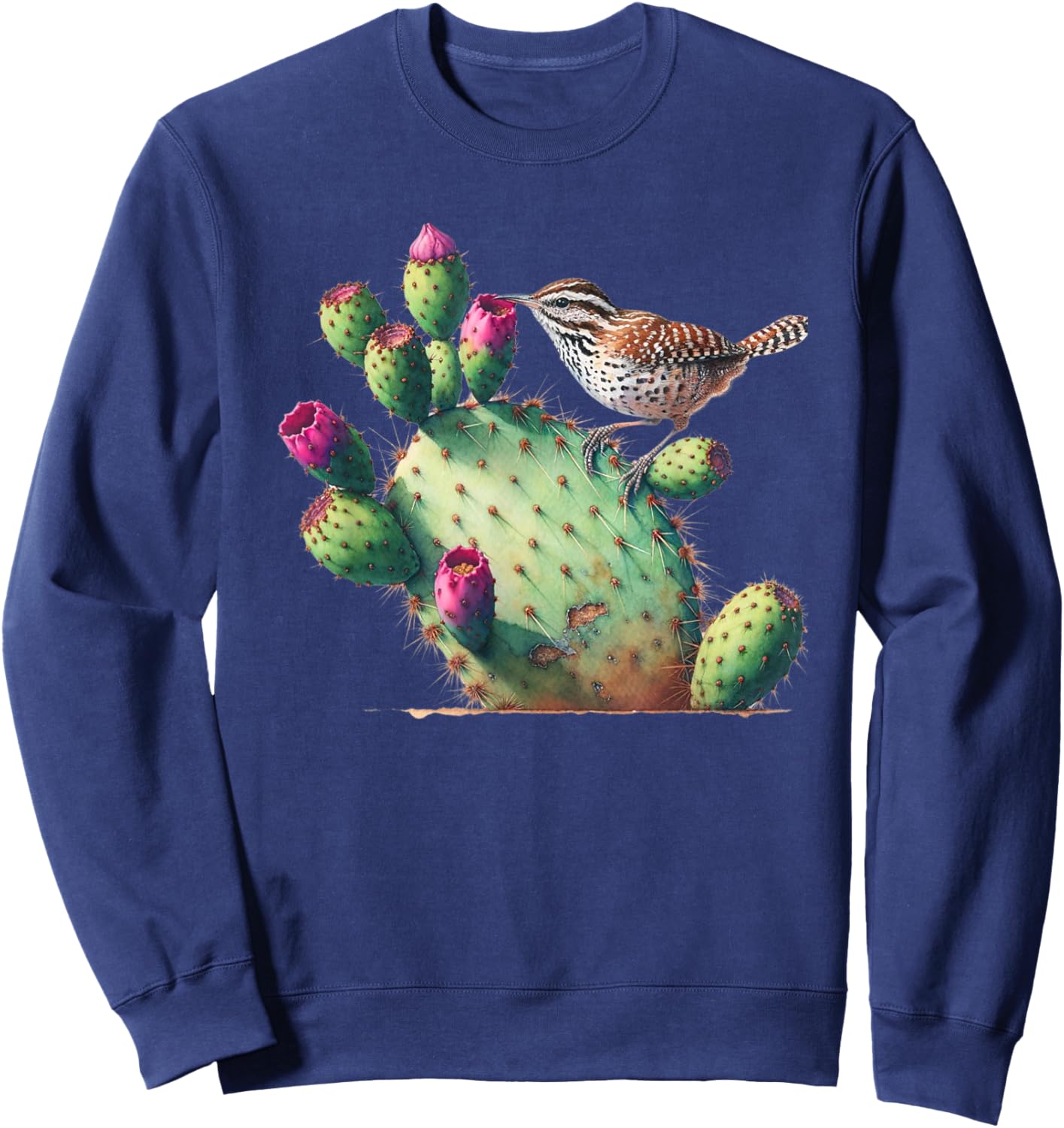 Cactus Wren & Prickly Pear Watercolor Art , Small, Black Sweatshirt - Sweatshirt | Navy