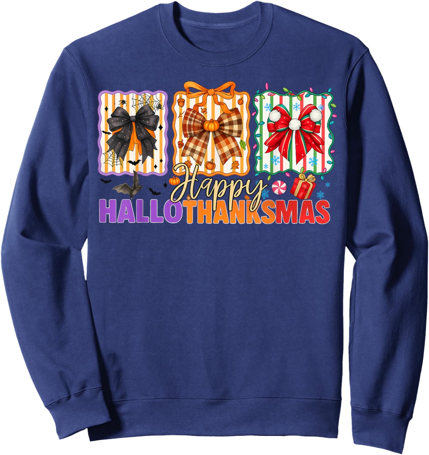 Bows Halloween Thanksgiving Christmas Happy HalloThanksMas Sweatshirt - Sweatshirt | Navy