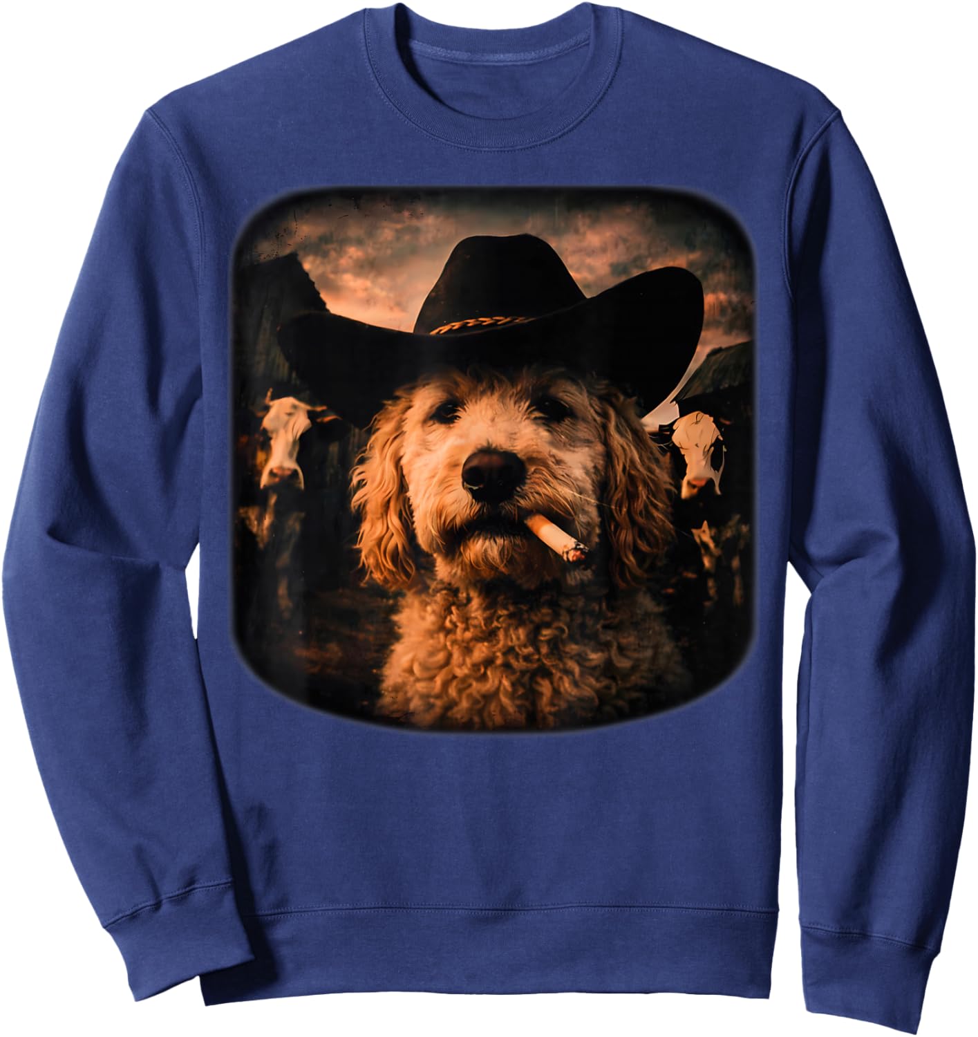 Cowboy Golden Doodle Smoking Cigarette Western Country Dog Sweatshirt - Sweatshirt | Navy
