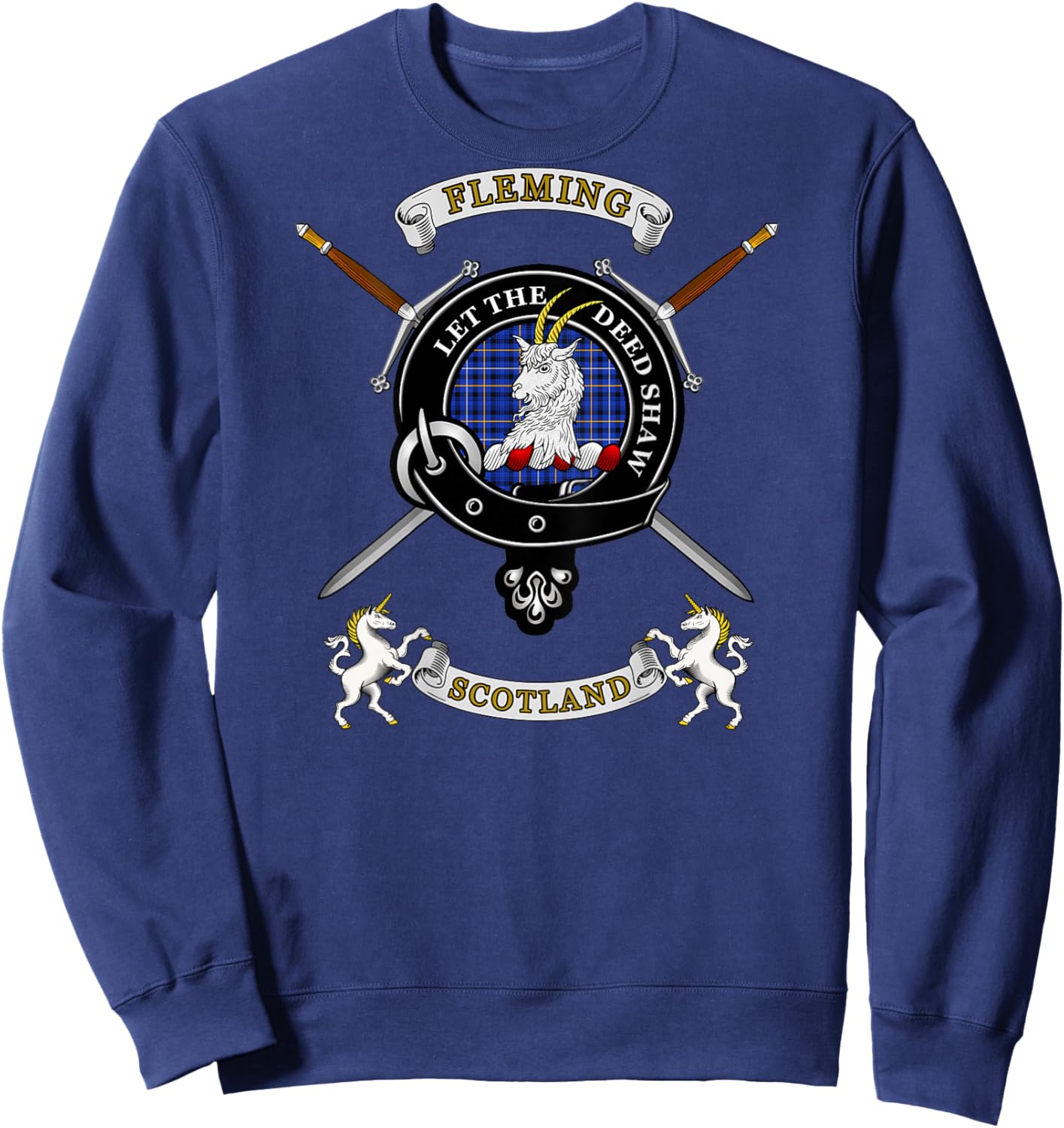 Fleming Scottish Clan Badge Tartan & Swords (Back) Sweatshirt - Sweatshirt | Navy