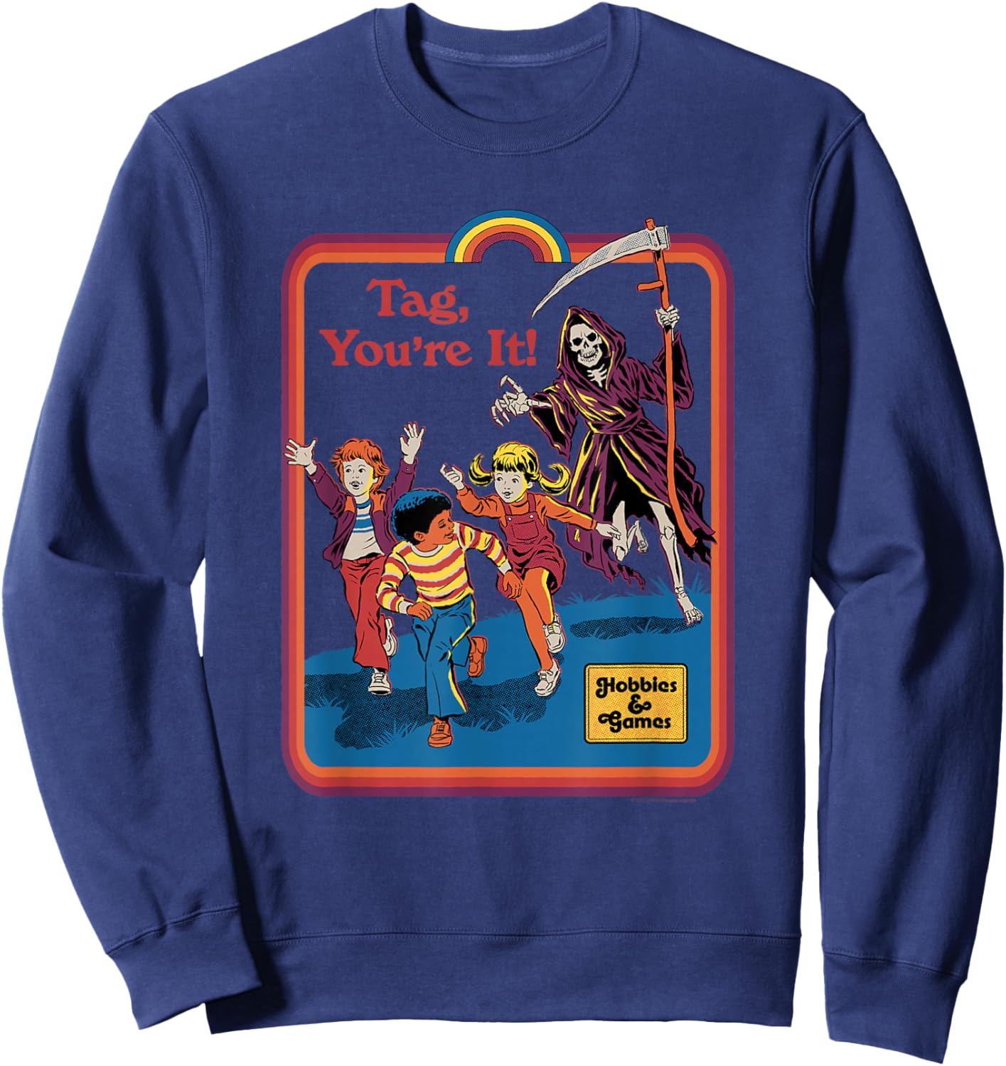 Steven Rhodes Grim Reaper Tag You're It Retro Dark Humor Sweatshirt - Sweatshirt | Navy
