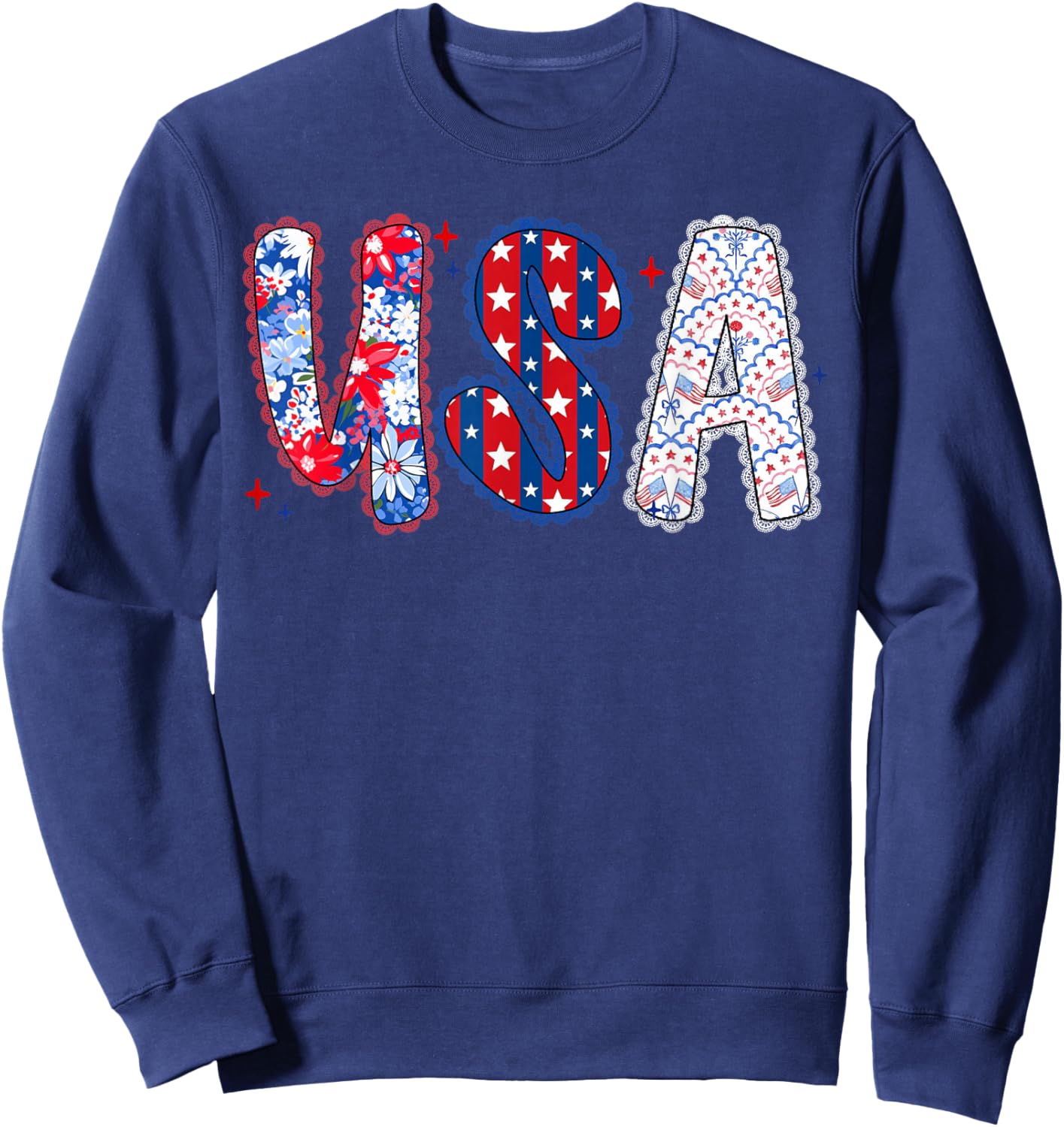 Floral USA Coquette Bow Preppy 4th of July American Flag Sweatshirt - Sweatshirt | Navy