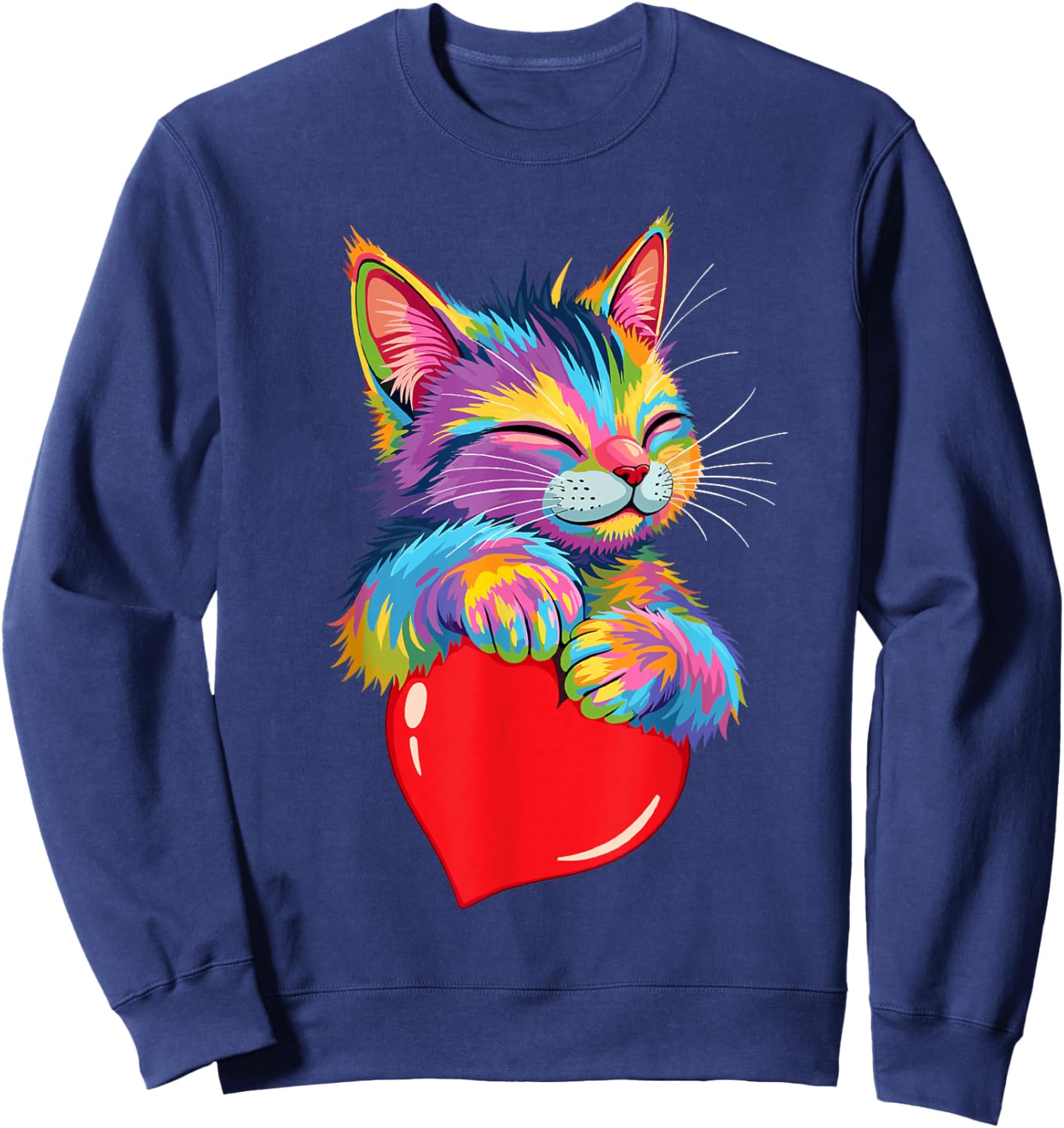 Valentines Day Cat And Love Heart Women Girls Cats Lover Sweatshirt - Sweatshirt | Navy